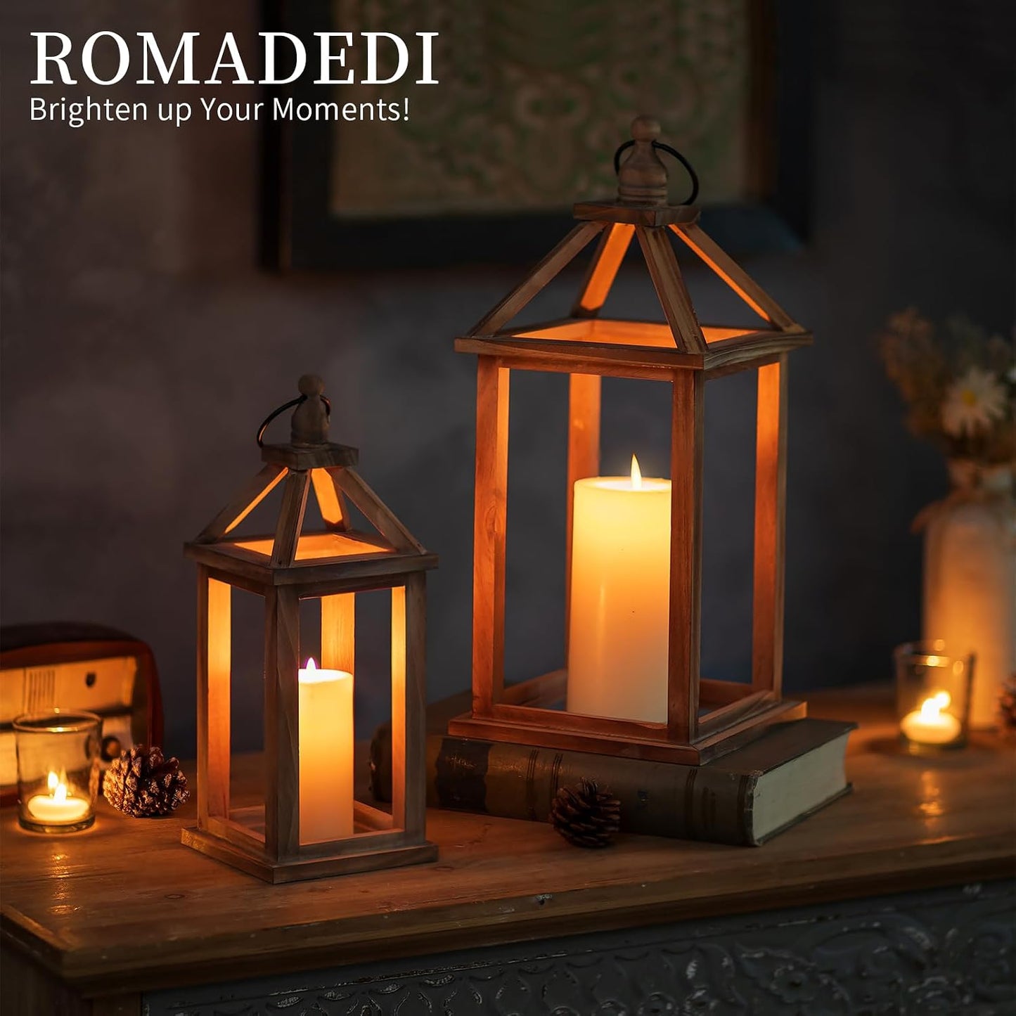 Romadedi Wood Candle Lantern Decorative, Brown, Rustic Decor Set of 2 | Farmhouse Wooden Lanterns, Decorative Candle