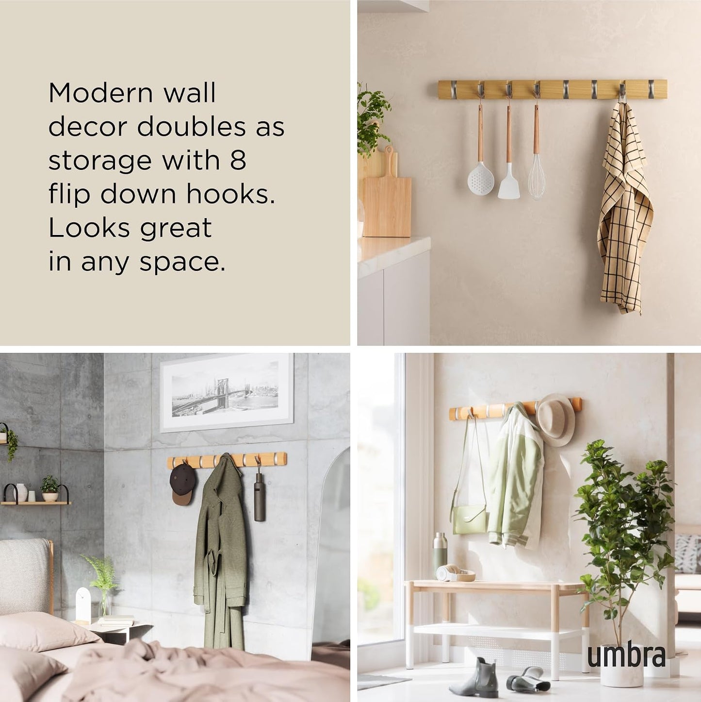 Umbra Flip Coat Rack, Wall Mount 8-Hook, Space Saving, Natural/Nickel | Real wood and steel build, retractable hooks