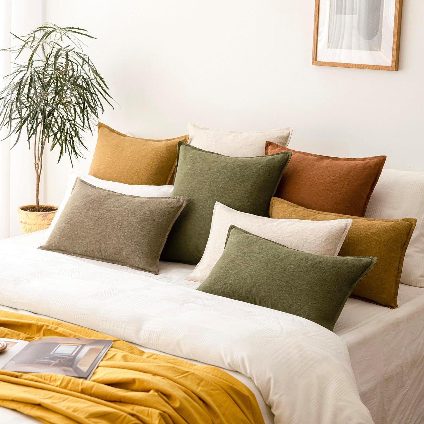 Decorative Linen Soild Throw Pillow Covers Soft Accent Cushion / 18 x 18 / Natural Beige / Set of 2