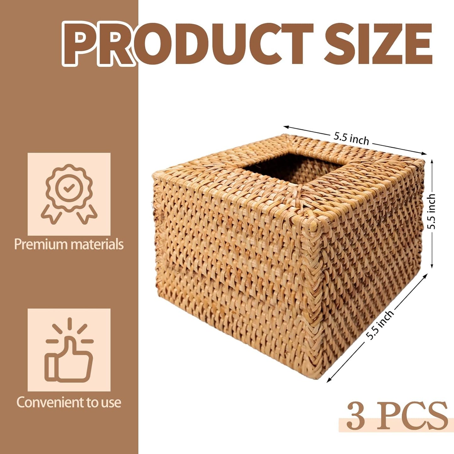 Square Rattan Tissue Box Cover Decorative Hand Wicker Woven Tissue Box Holder / Natural / Set of 3