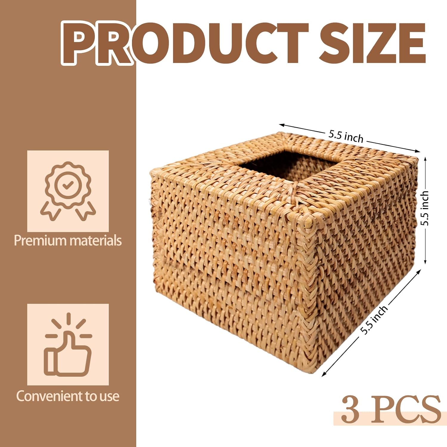 Square Rattan Tissue Box Cover Decorative Hand Wicker Woven Tissue Box Holder / Natural / Set of 3