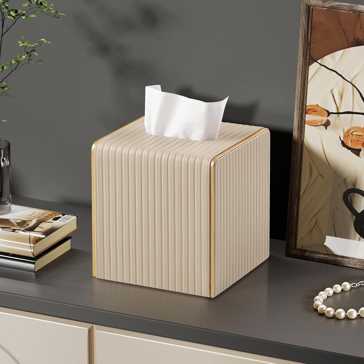 Square PU Leather Tissue Box Cover / Square Beige