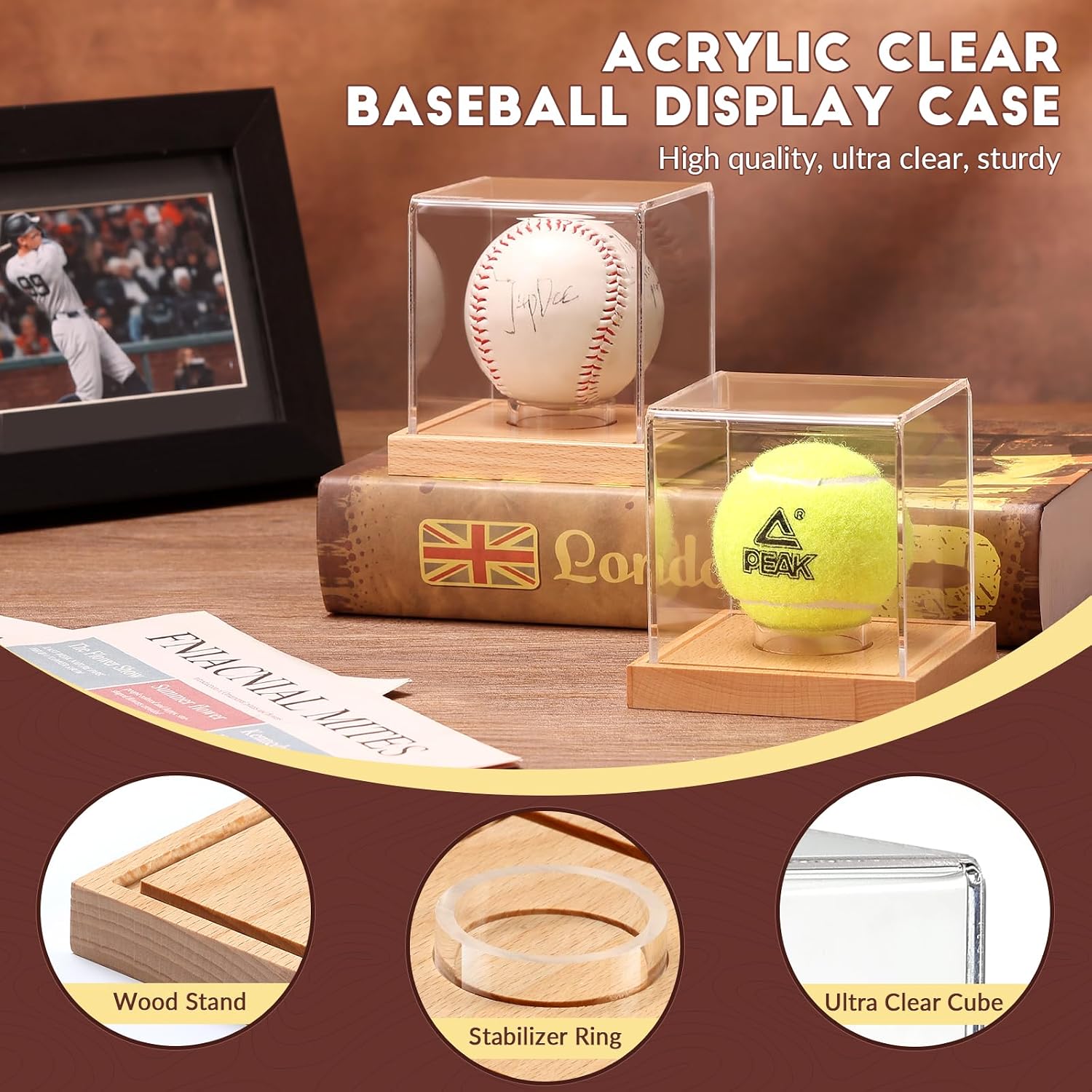 Baseball Display Case, Clear Cube Baseball Holder with Wooden Base, Autograph Baseball Stand Box for Single Ball, Pine