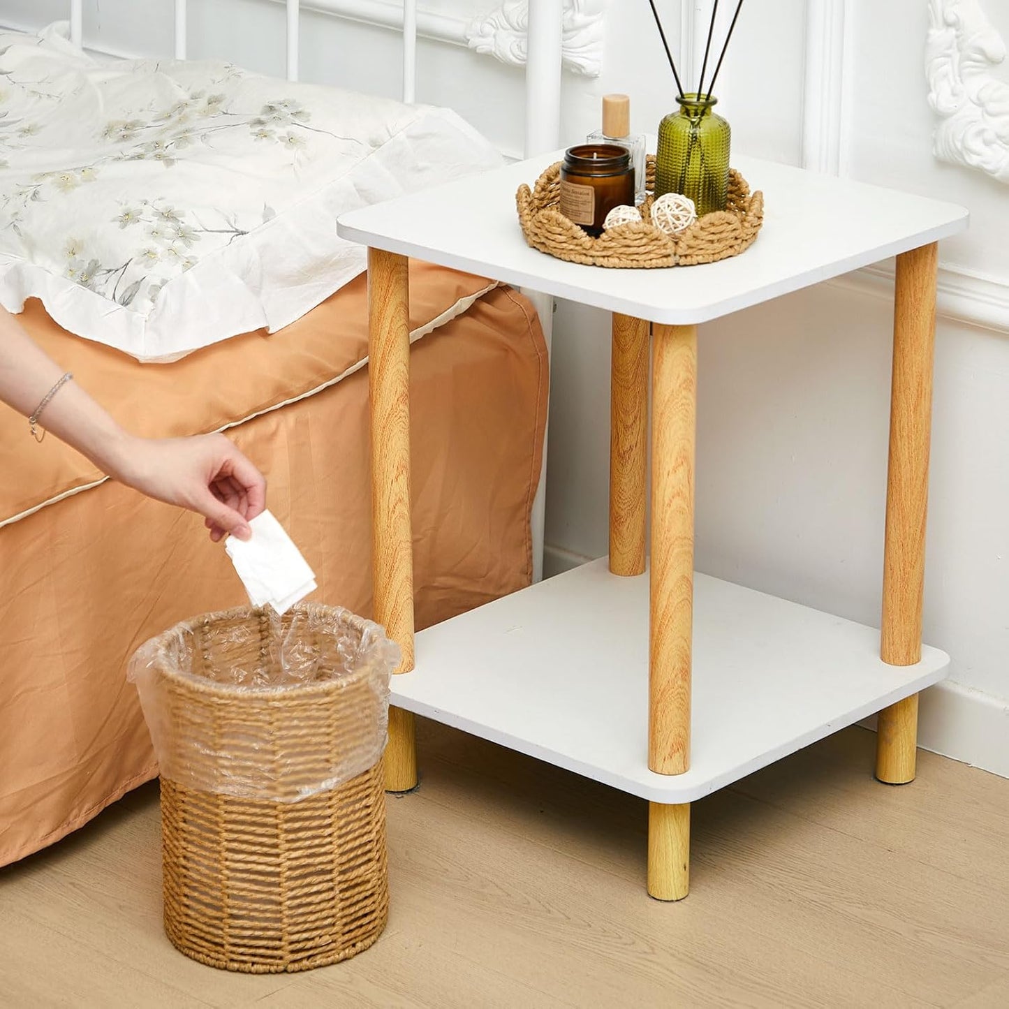 Lid Handle Woven Wicker Rattan Bathroom Waste Basket Boho / Scalloped Style / Natural / 1.3 Gallons