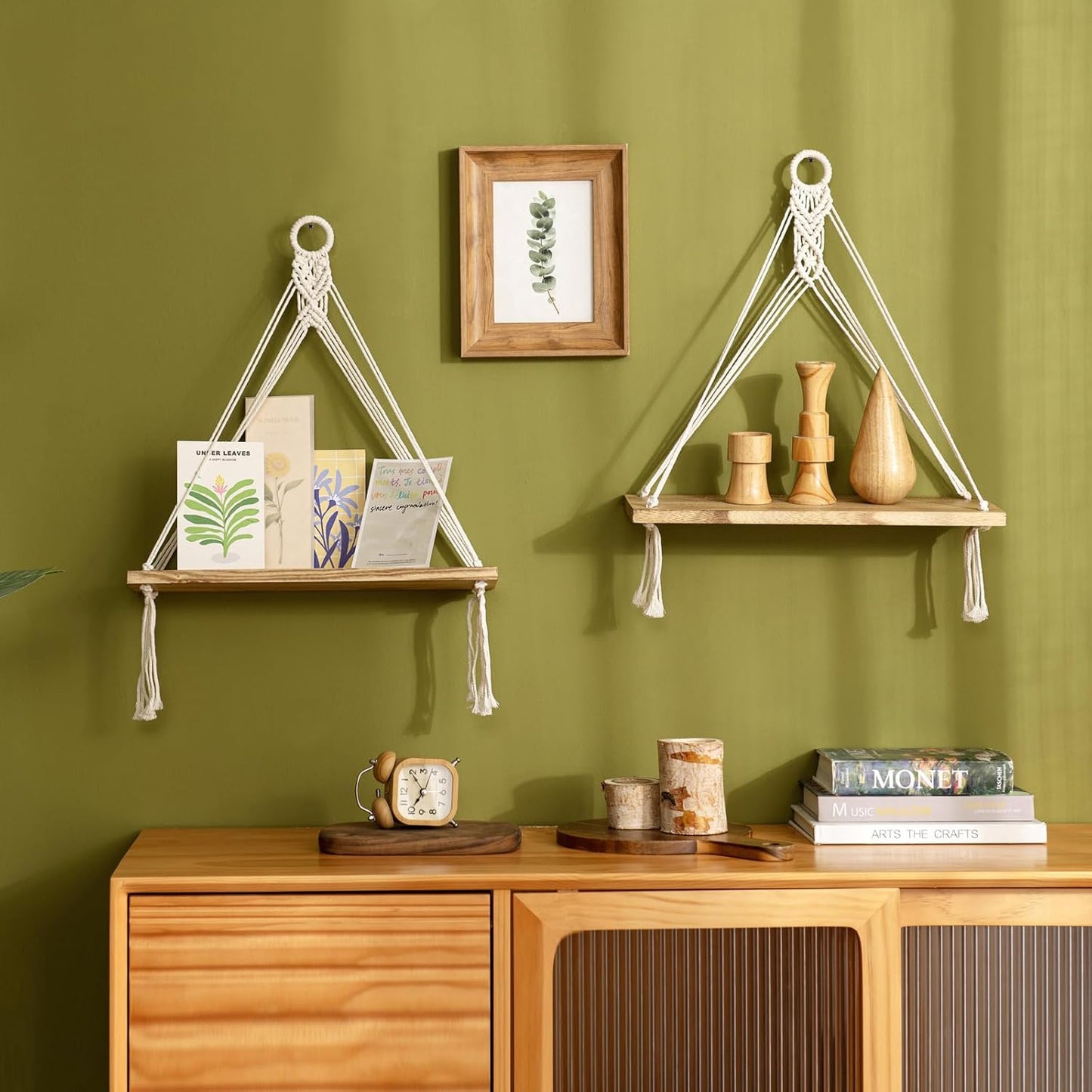 Macrame Hanging Shelves Boho Wall Decor Rustic Wood Floating Storage Shelf / White / Set of 2