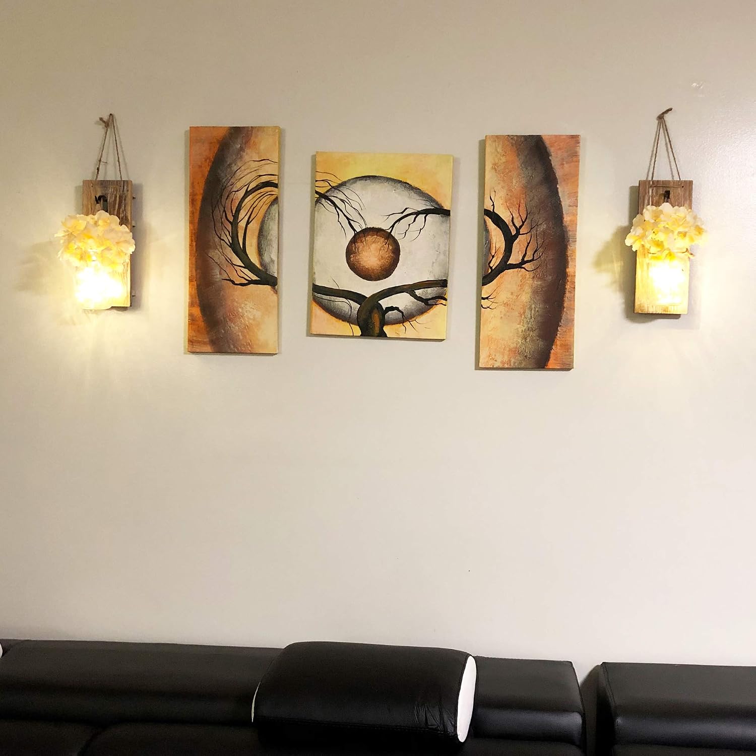 Rustic Mason Jar Sconces Wall Decor / 11"H Brown + Hydrangea / Set of 2
