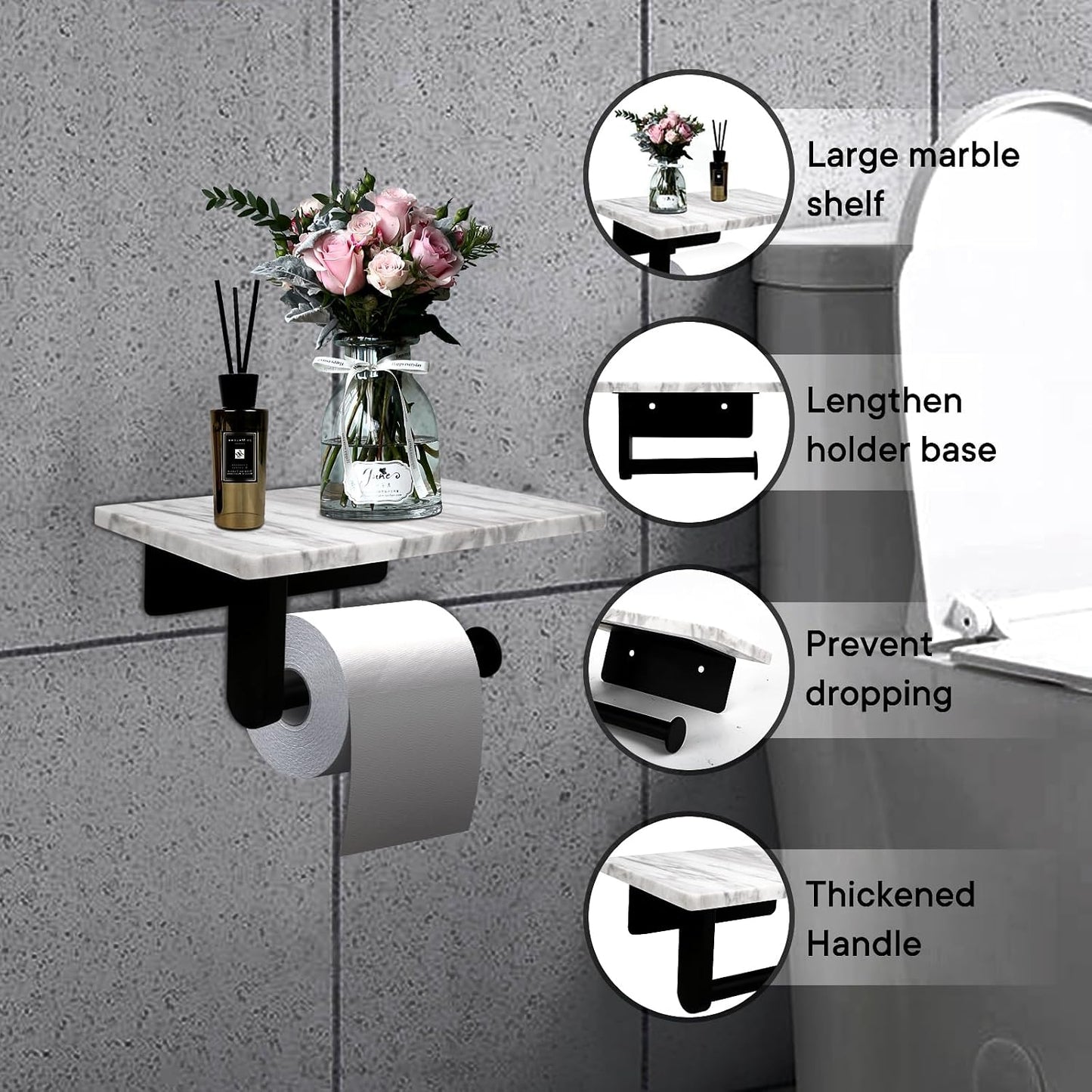 Toilet Paper Holder with Natural Marble Shelf for Bathroom Washroom,Wall Mounted Tissue Holder Suitable for Mega