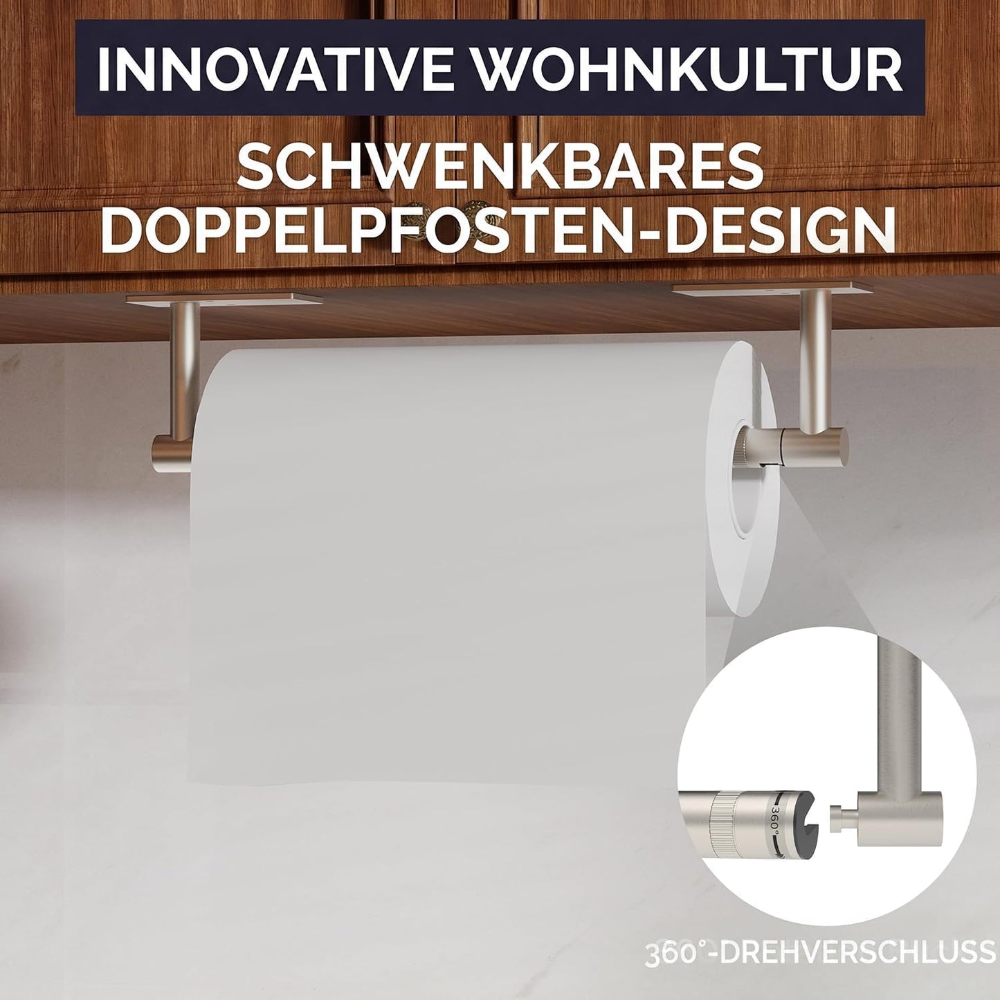 Paper Towel Holder Under Cabinet Self Adhesive Brushed Nickel | 304 Stainless Steel Post Pivoting Design Paper Towel