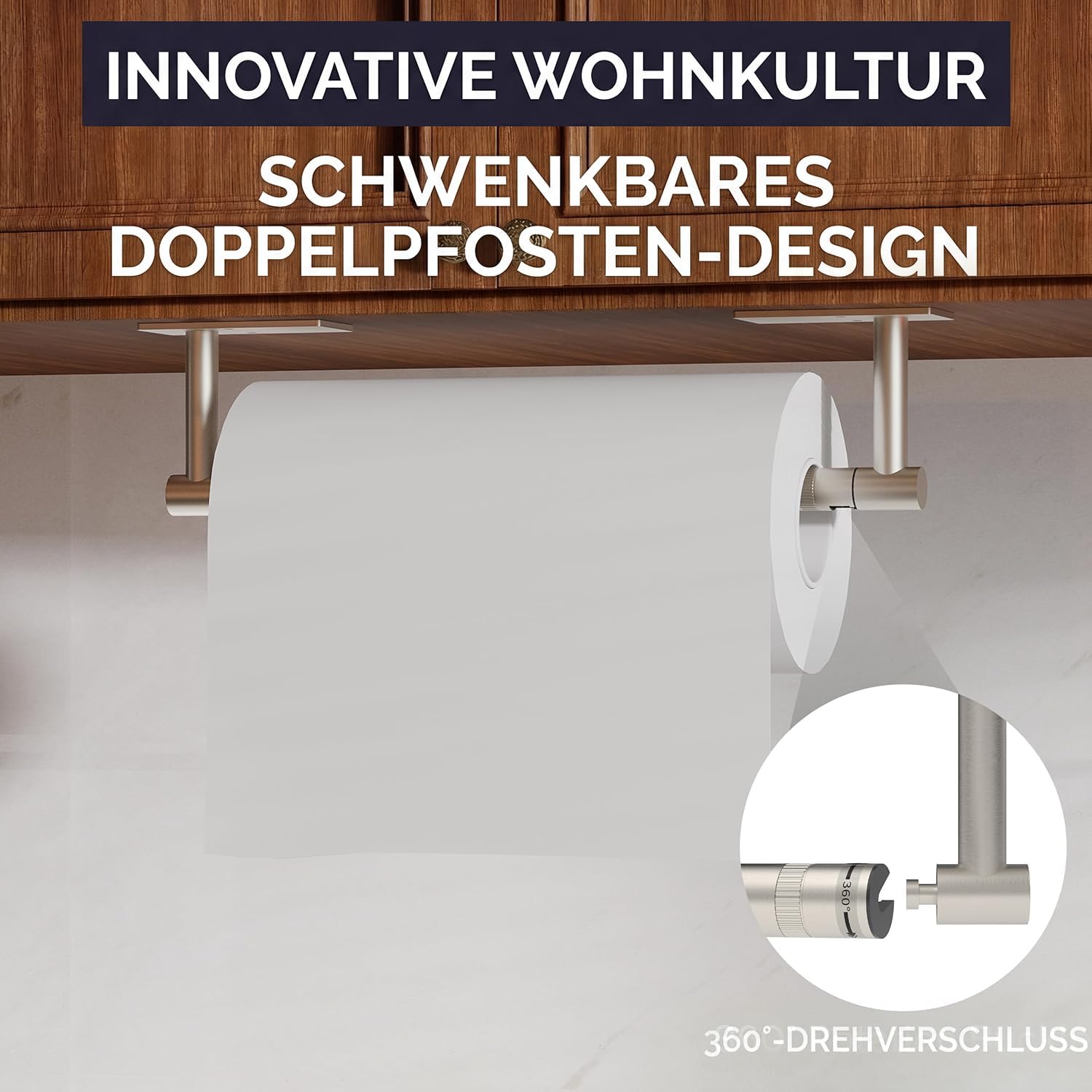 Paper Towel Holder Under Cabinet Self Adhesive Brushed Nickel | 304 Stainless Steel Post Pivoting Design Paper Towel