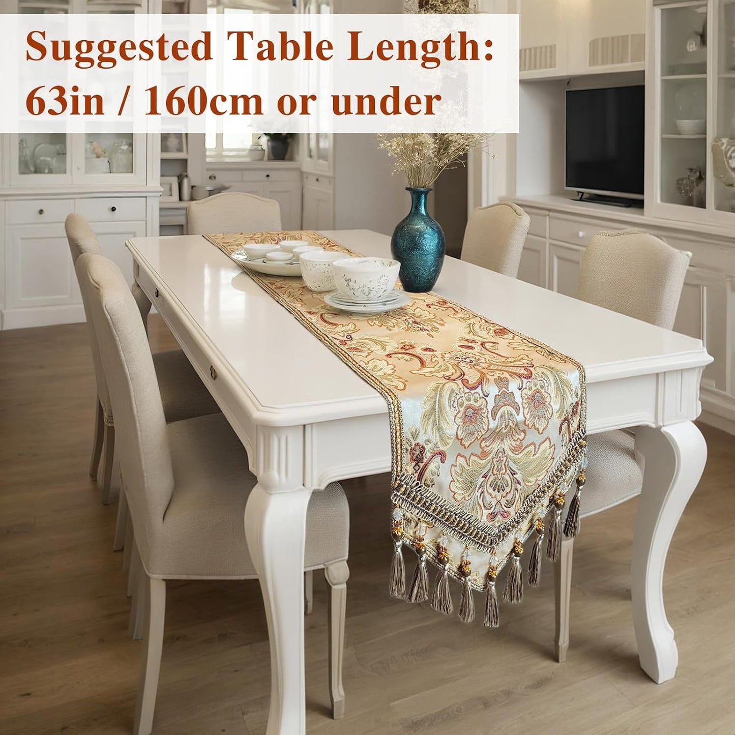 kilofly Elegant Floral Brocade Jacquard Table Runner Tassels (89 x 12 inches)