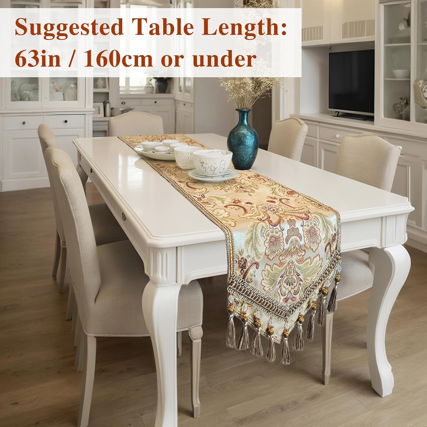 kilofly Elegant Floral Brocade Jacquard Table Runner Tassels (89 x 12 inches)