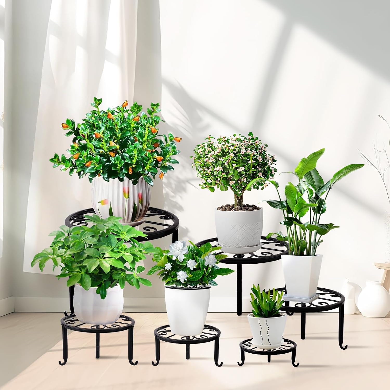 6-Pack Metal Plant Stand,Heavy Duty Flower Pot Stands for Multiple Plant,Outdoor Anti-Rust Plant Pot Shelf, Round Plant