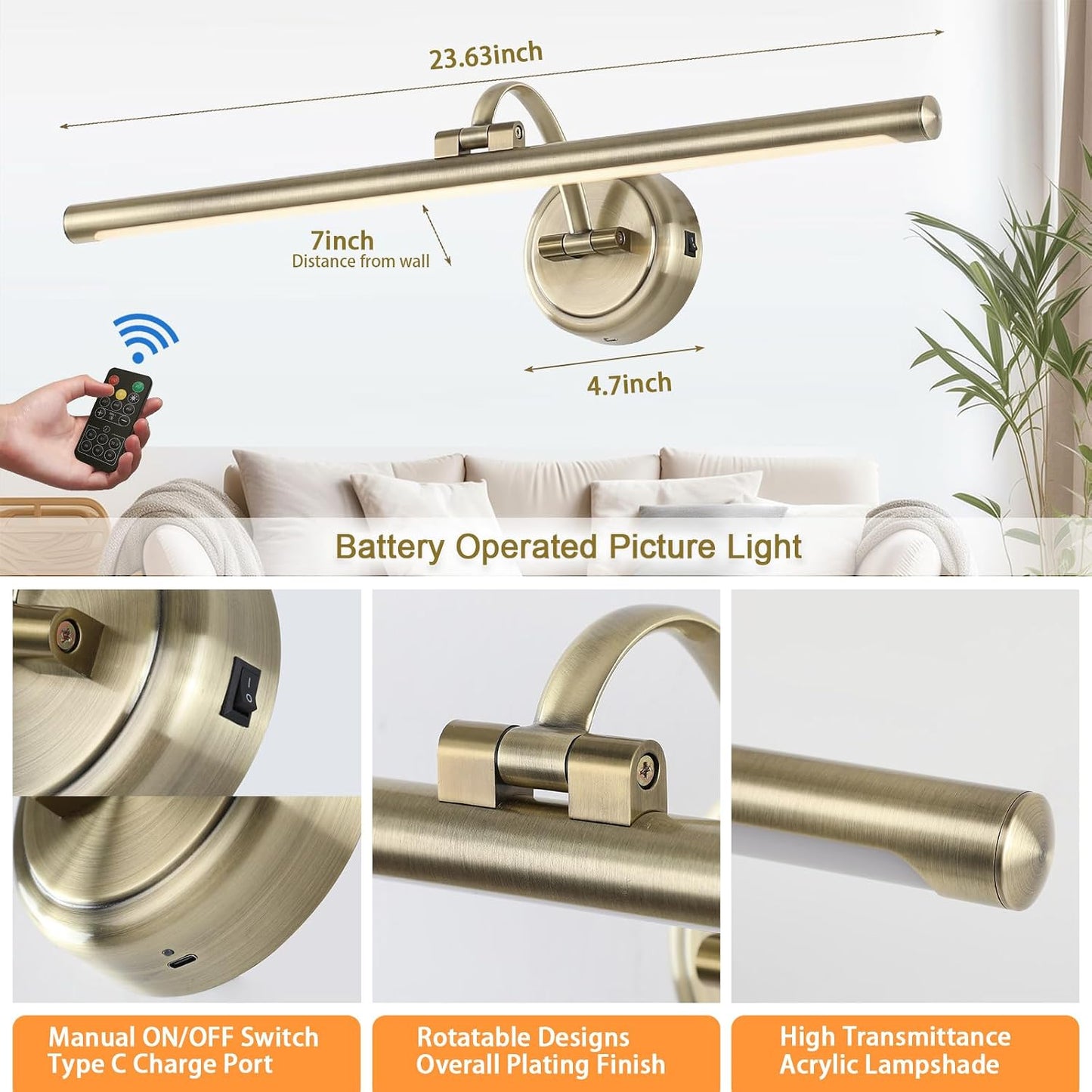 Battery Operated Picture Light, Cordless Art Light with Remote Control, Photo Frame Light with 5000mAh Battery, 3 Color