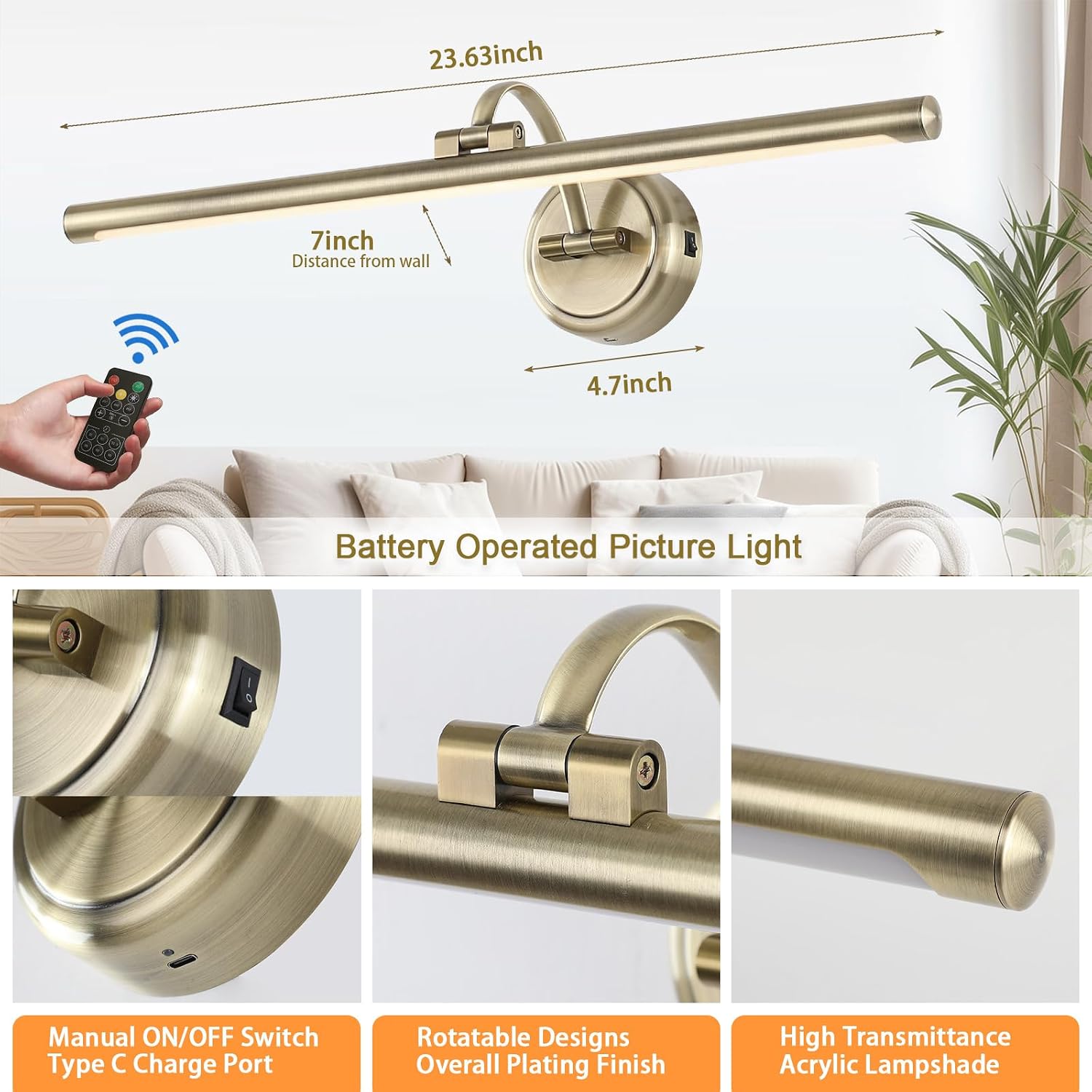 Battery Operated Picture Light, Cordless Art Light with Remote Control, Photo Frame Light with 5000mAh Battery, 3 Color