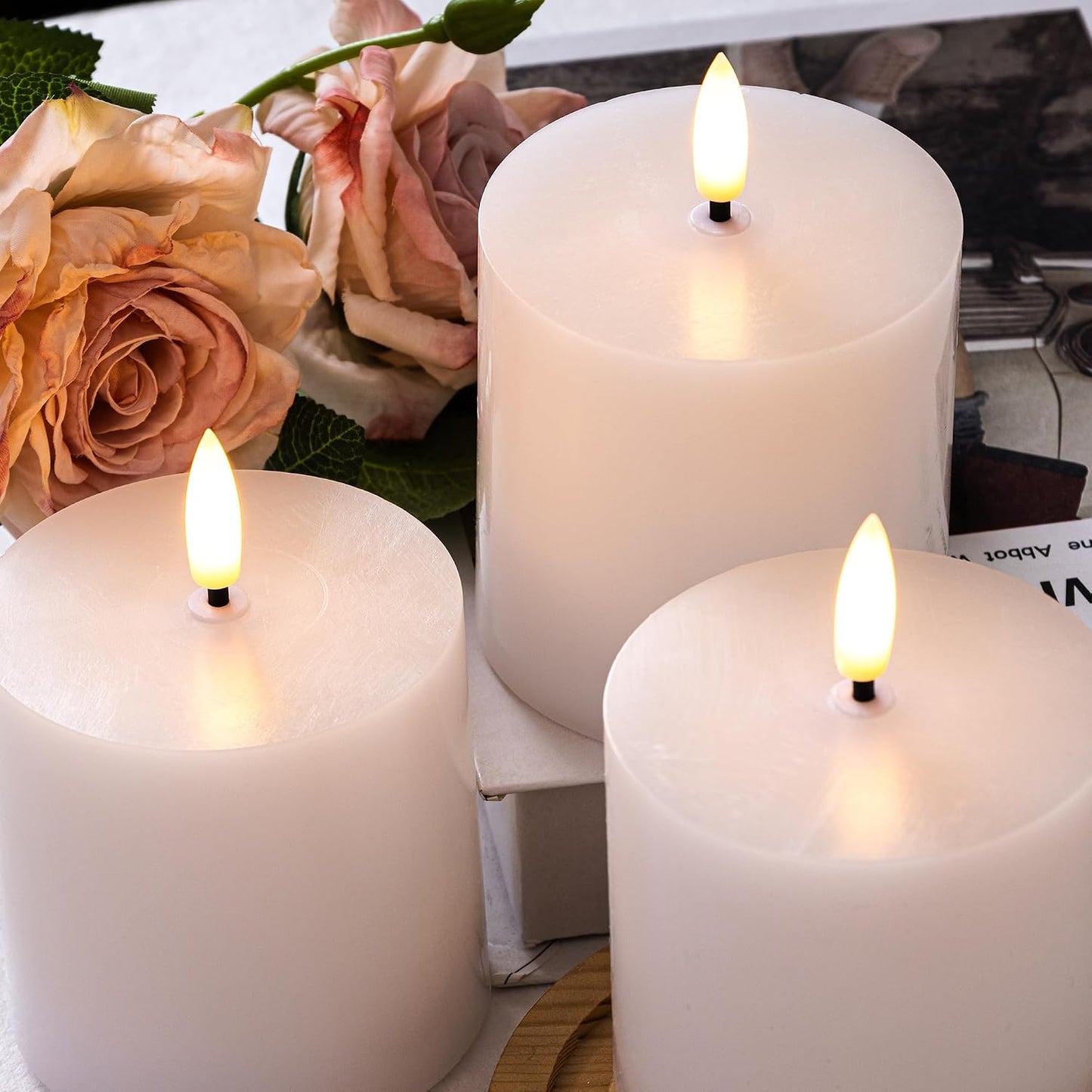 White Flickering Flameless Candles with Remote Timer, LED Candles 3 Psc | 3 x 3 Inch Real Wax Battery Operated Candles