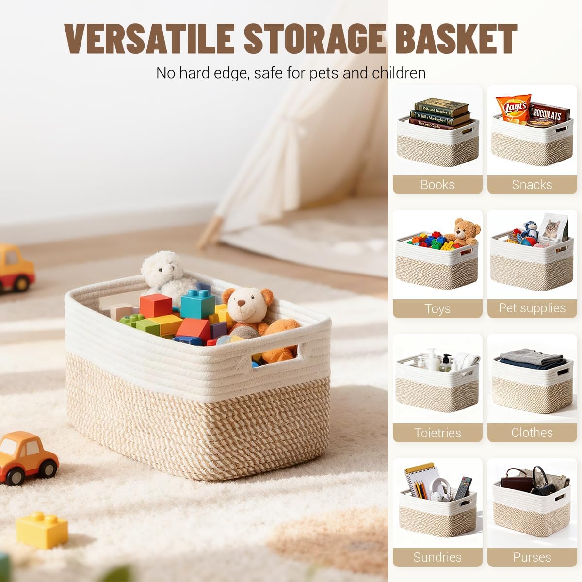 Woven Storage Baskets / Khaki & White / Set of 5