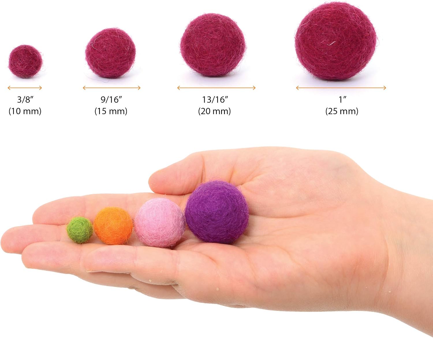 Glaciart One Felt Pom Poms, Wool Balls (240 Pcs) 4 Sizes: 1 cm, 1.5 cm, 2 cm & 2.5 cm, Handmade Felted 60 Color (Red