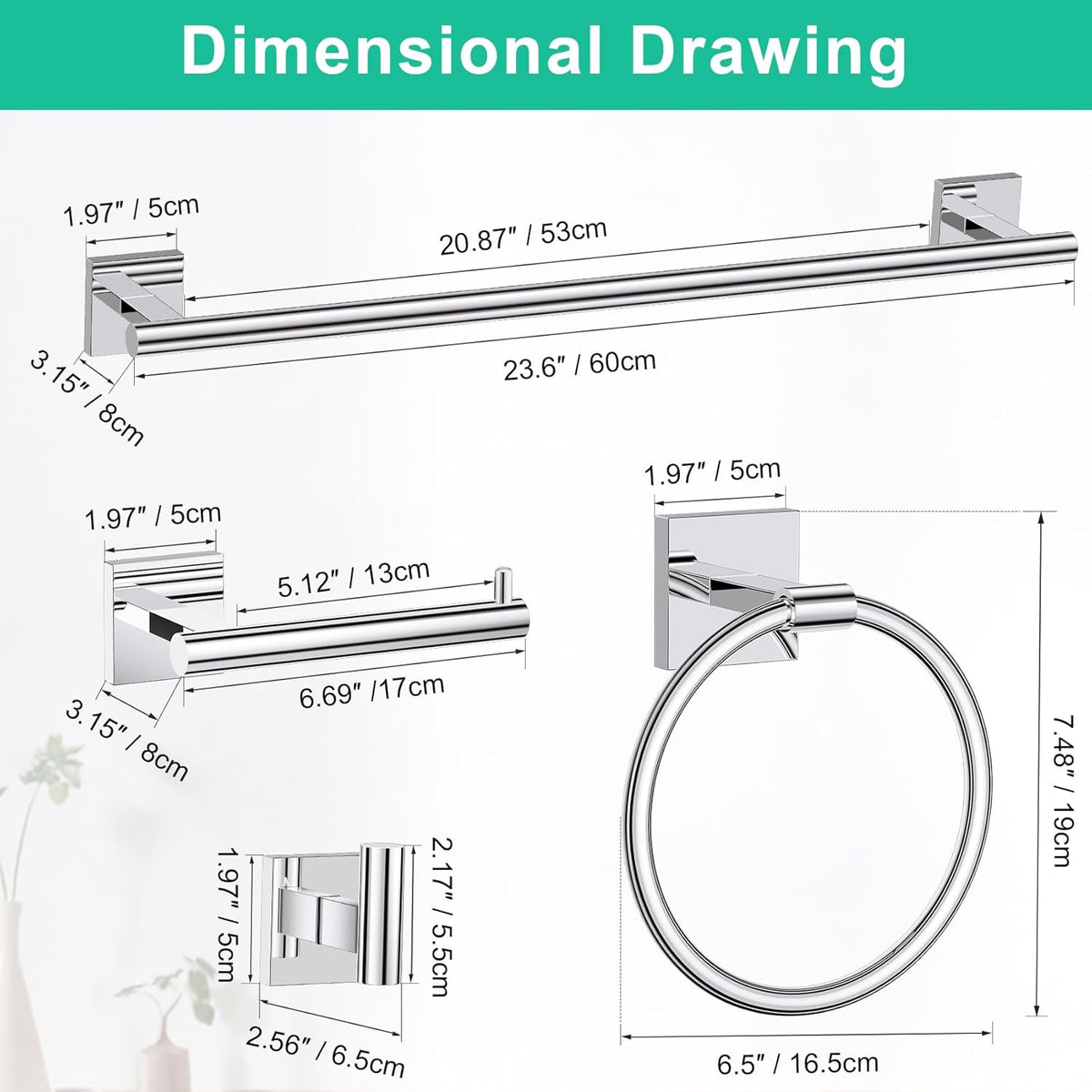 Polished Chrome Bathroom Hardware Accessories Towel Bar Set, 10 Pieces Bathroom Towel Bar Holder Set, 23.6 Inch