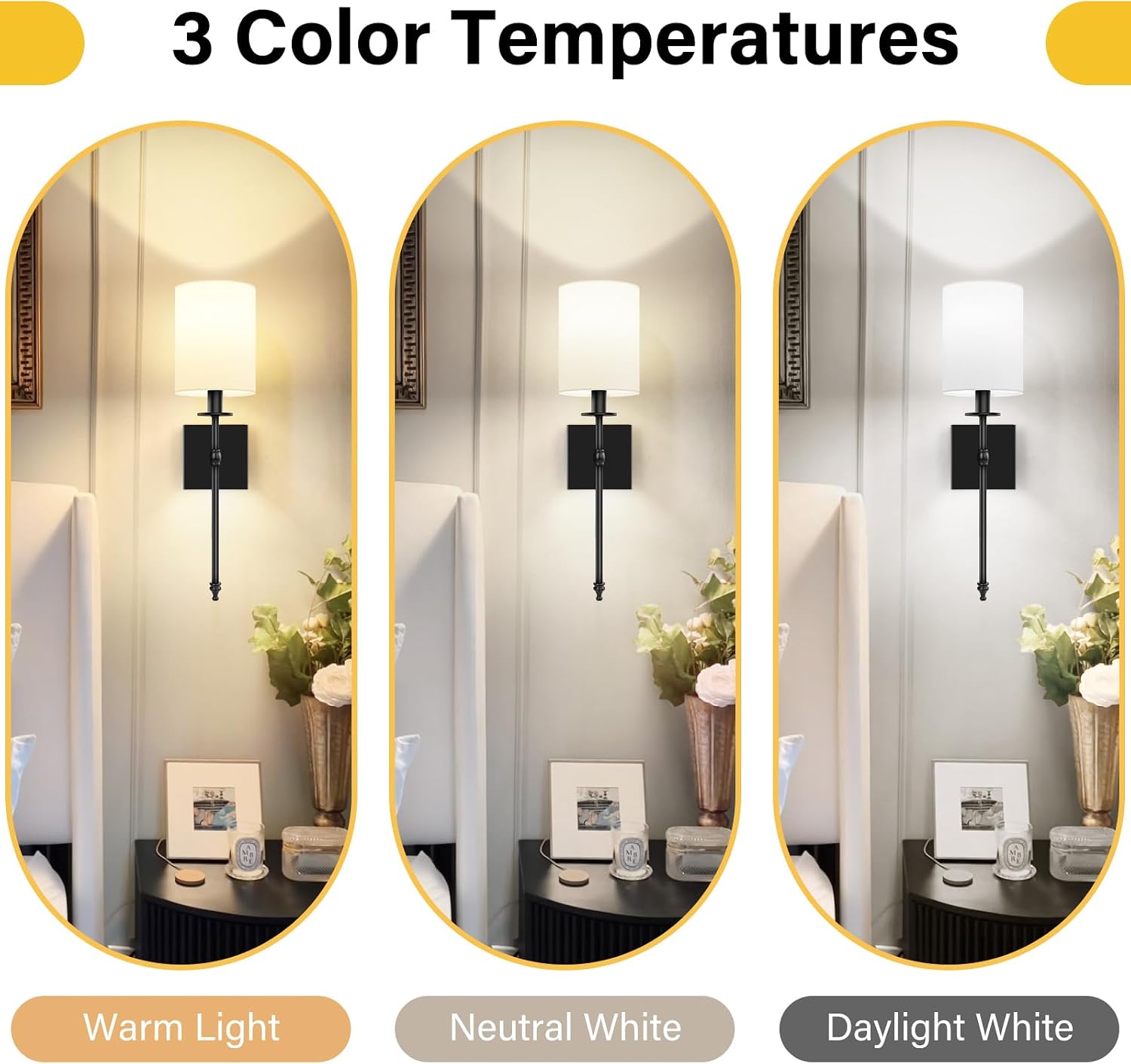 19 Inch Black Battery Operated Wall Sconces Set of 2, Rechargeable Wireless Wall Lights with Remote & White Fabric