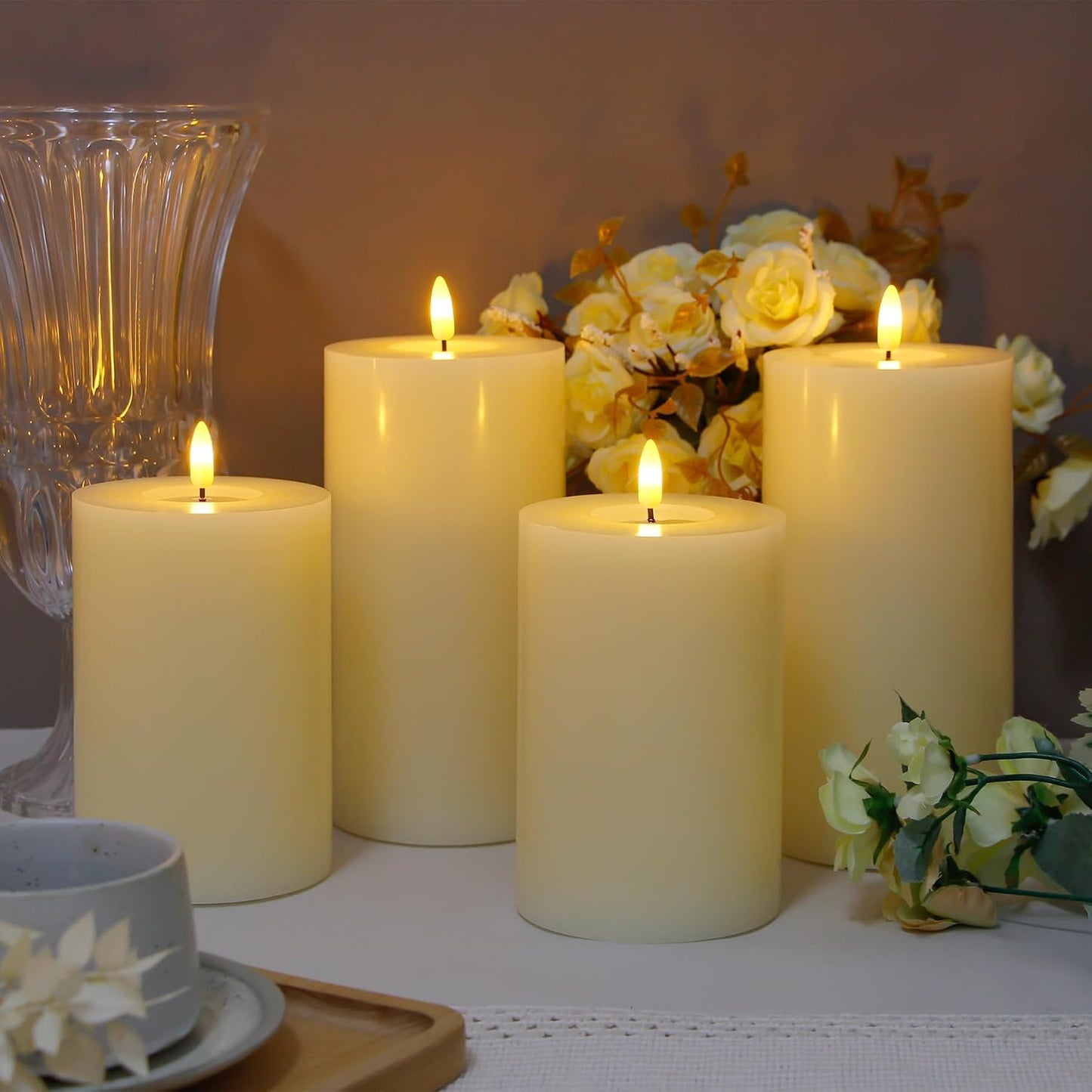 Flameless Flickering D: 4" H: 6" Real Wax Ivory Remote Candles with Candle Grease, Pack of 2 Timer LED Battery Operated
