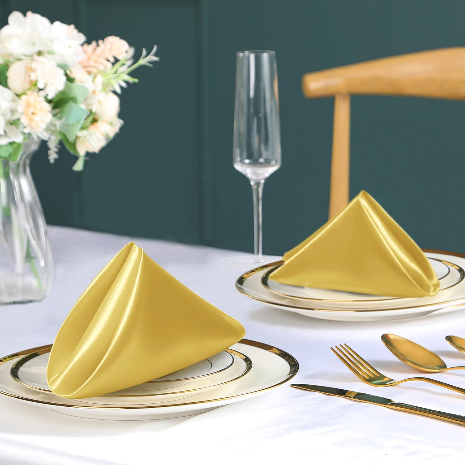 Gold Satin Napkins & Napkin Rings Set, 100 Pack, 12x12 Inch | Set of 50 Napkins, Silky Soft Cloth, Square Satin Dinner