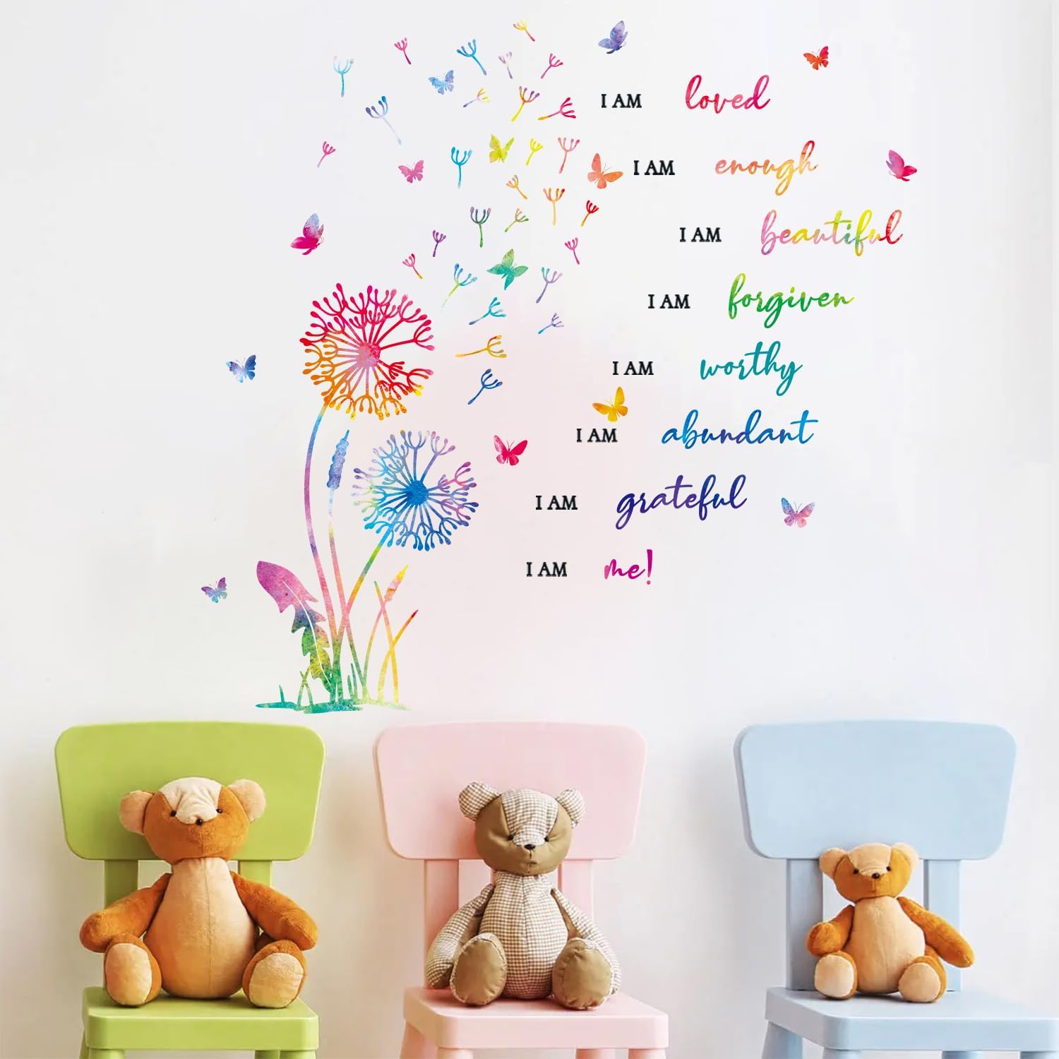 Butterfly Positive Affirmation Wall Decal / Dandelion Inspirational Saying Wall Sticker / Set of 75
