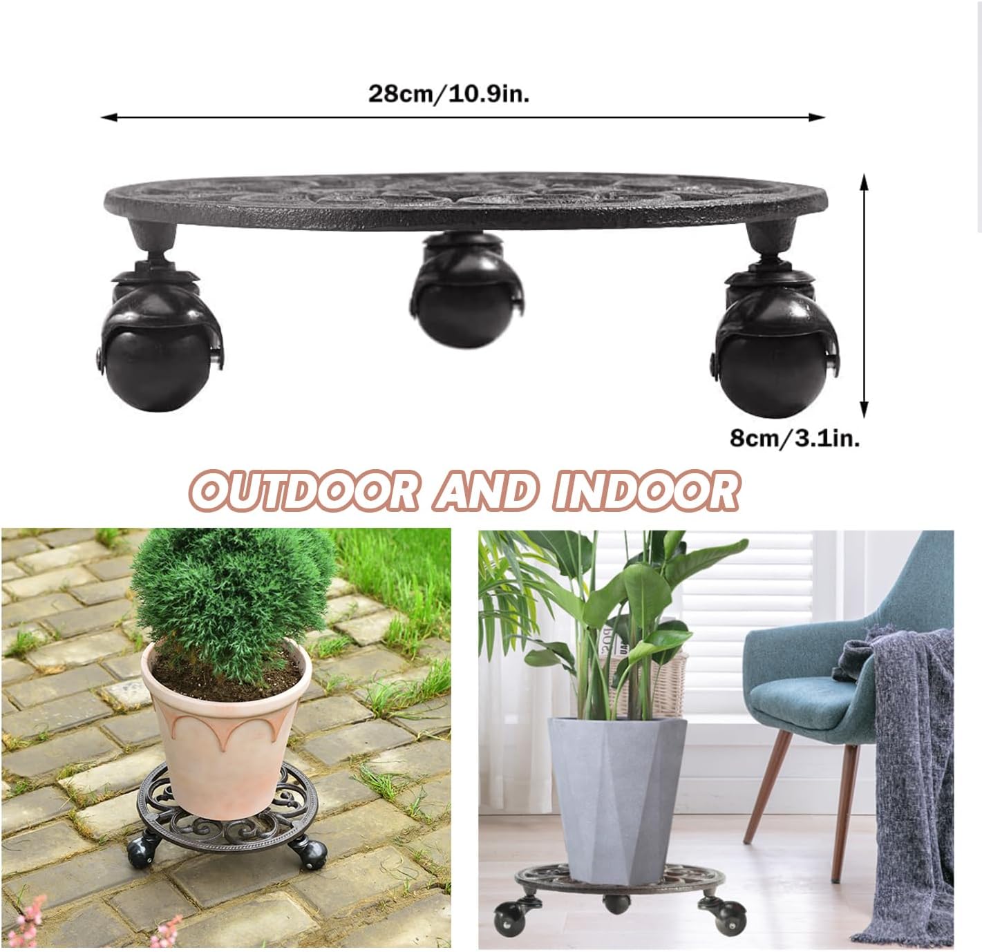 Sungmor Heavy Duty Cast Iron Plant Caddy,11" Round Potted Plant Stand Flower Pot Rack on 3 Solid Wheels,Indoor Outdoor