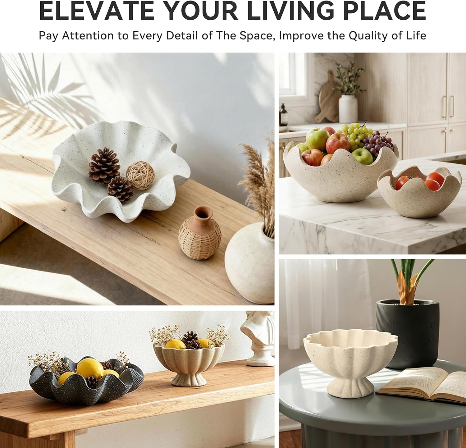 Scalloped Decorative Bowl Home Decor / Artificial Stone White