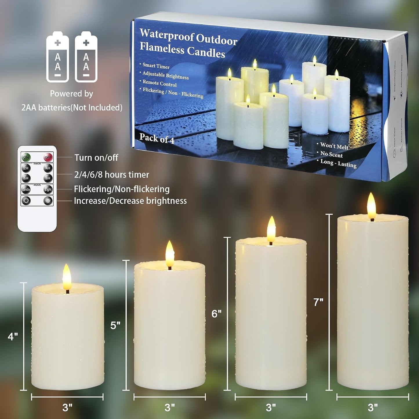 Outdoor 4pcs Flameless Waterproof Candles with Handy Remote Control, Cycle Timer Battery Operated Candle Grease Effect