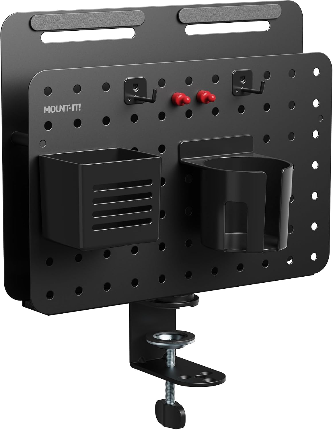 Mount-It! Desk Pegboard Organizer, 360 Rotation, Black | Clamp-on desk storage with cup holder, pen holder, hooks &