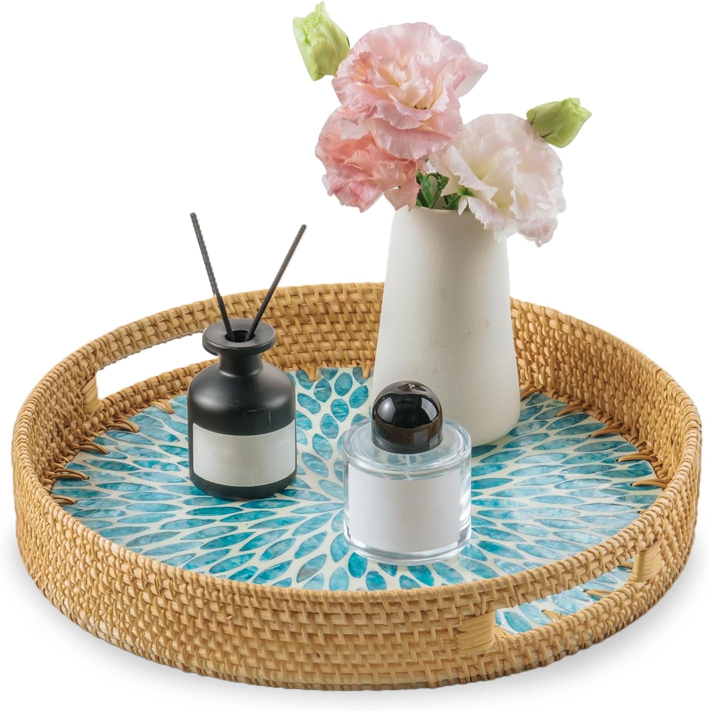 in Round Rattan Serving Tray / Blue / 13.8 Inch
