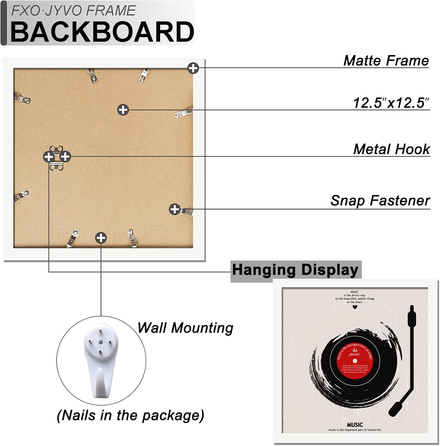 Vinyl Record Frame Display for 12 inch LP with 12.5x12.5 Album Cover | White 12.5 x 12.5 Frame Light Weight with