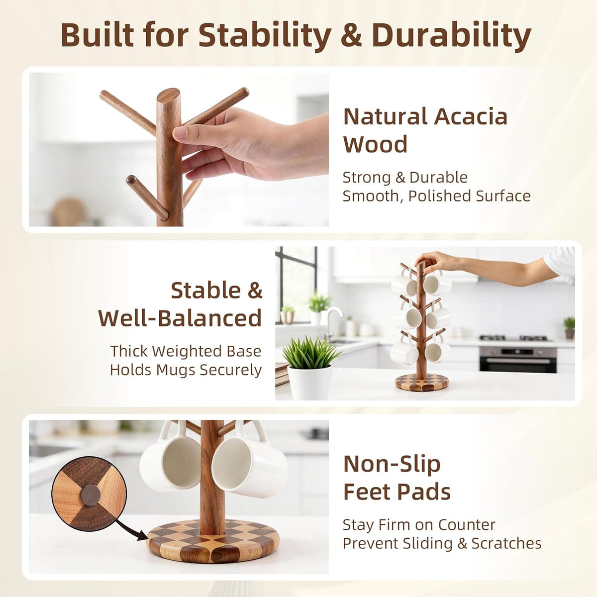 Natural Wood Mug Holder for Counter Top, Acacia Wood Coffee Mug Tree | Non-Slip Wooden Mug Organizer for Kitchen