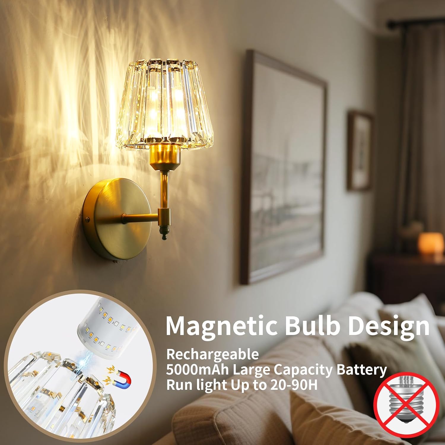 Battery Operated Crystal Wall Sconce Set of 2, Gold Rechargeable Wireless Wall Sconces with Remote Dimmable 12 Colors