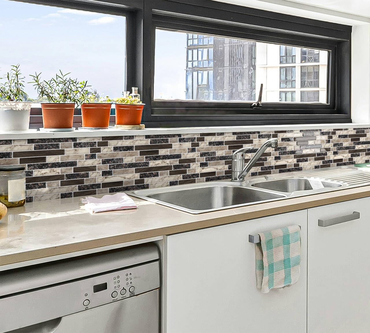 Thick Peel and Stick Backsplash Tile " 3D Self Adhesive Marble Tiles / Brown / 12 x 12