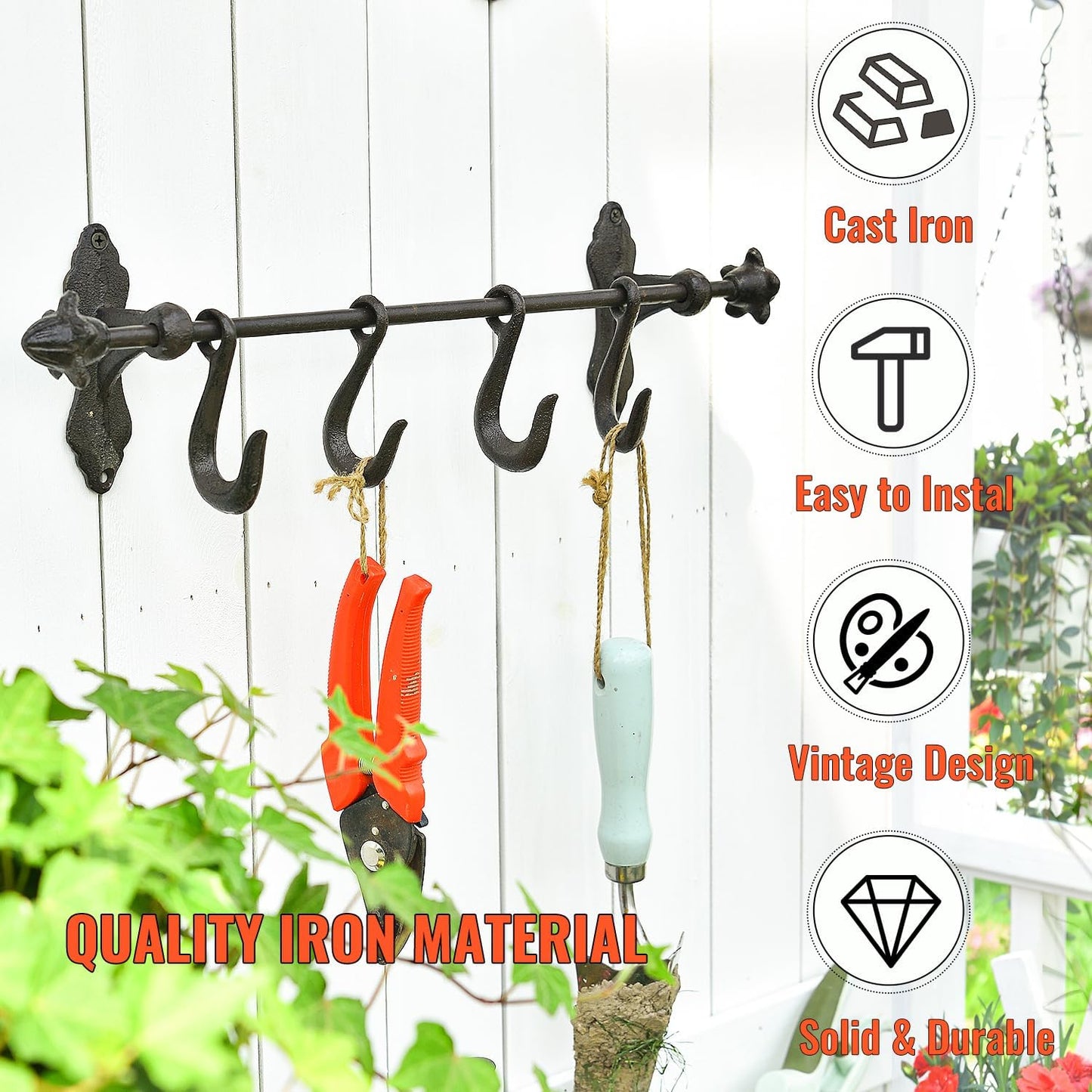 Sungmor Vintage Cast Iron Wall Hook Rack - Rustic Farmhouse Wall-Mounted Hanger for Coats, Keys, Mugs, Towels - Heavy