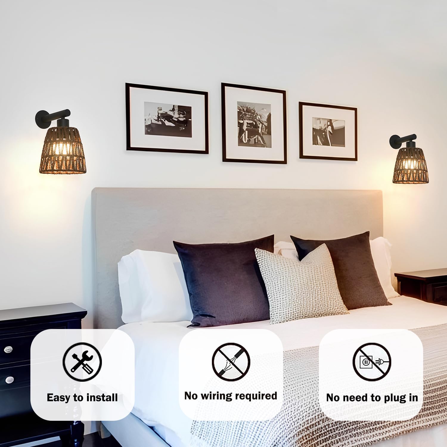 Boho Battery Operated Wall Sconce Set of 2, Brown Rattan Rechargeable Wall Lights with Dimmable Bulbs and Remote,15
