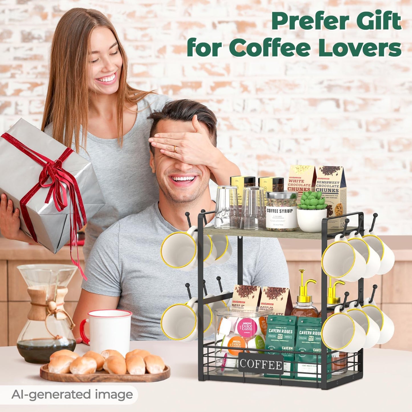 EsLuker.ly Coffee Mug Cup Holder Tree Bar Station Organizer, 2 Tier Grey Oak