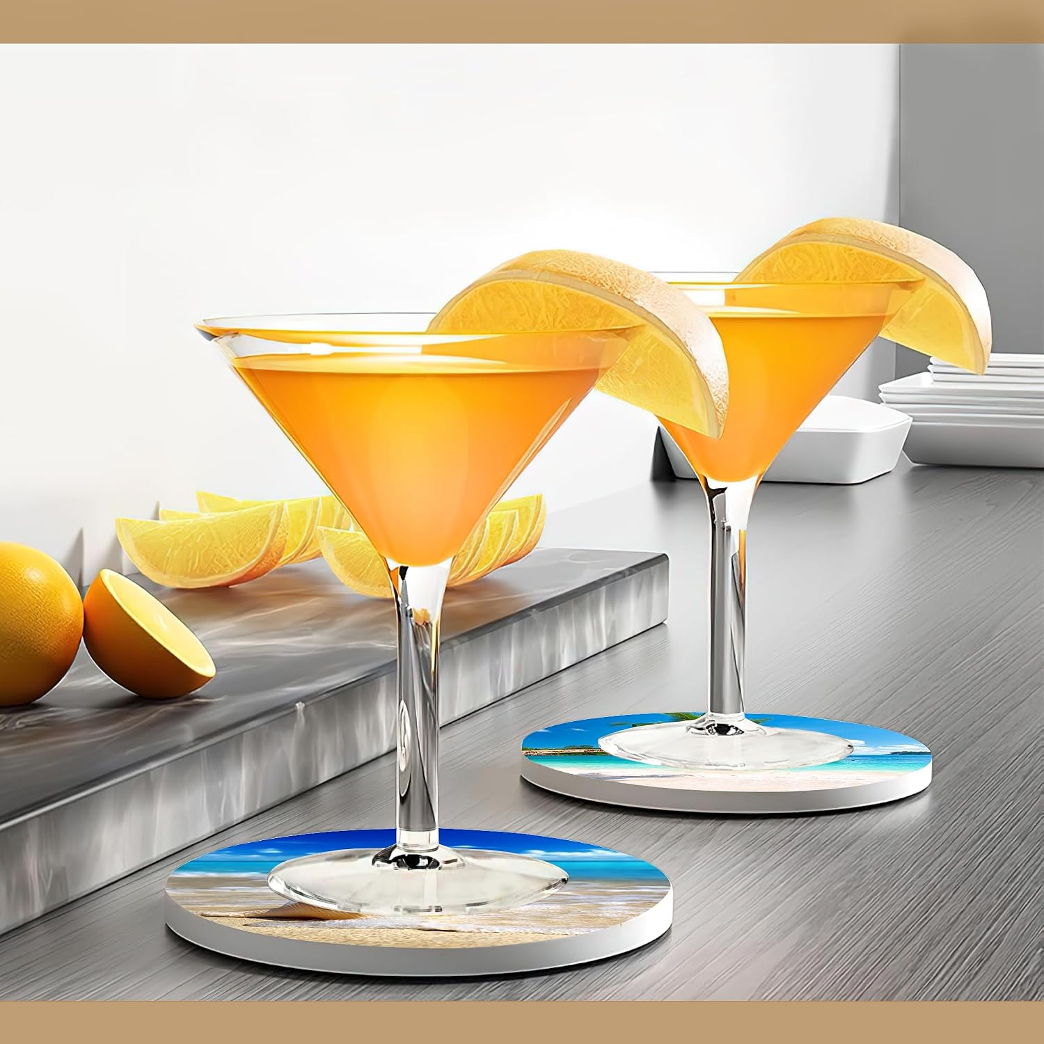Holder / Water-Absorbent Beverage Pads for Dining Table Decor & Glass / Beach Seaside / Set of 6