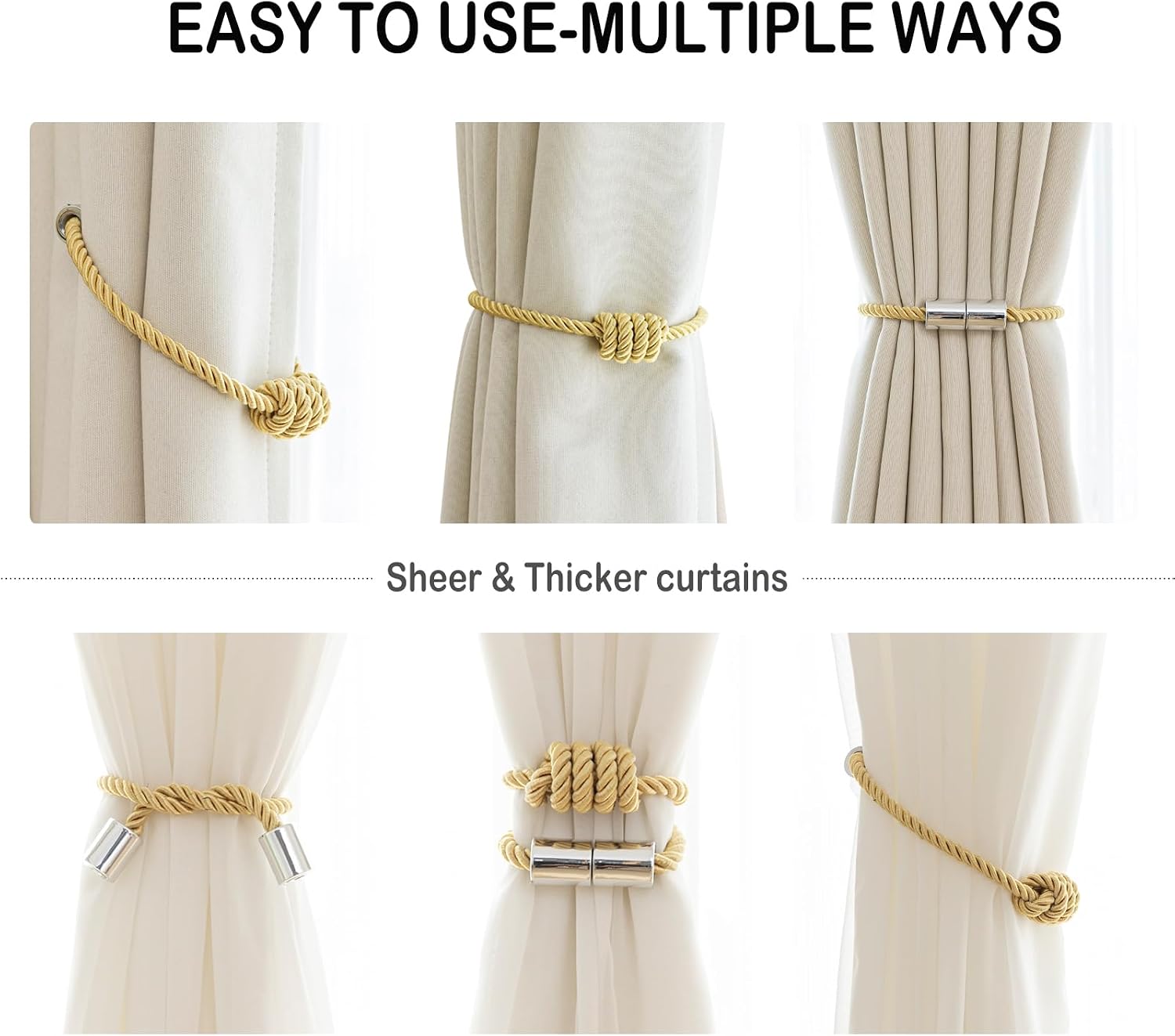 Curtain Tiebacks Magnetic Decorative Rope Tie Backs Holdbacks Contoeey | 8 Pack Gold Modern Elegant Window Treatment