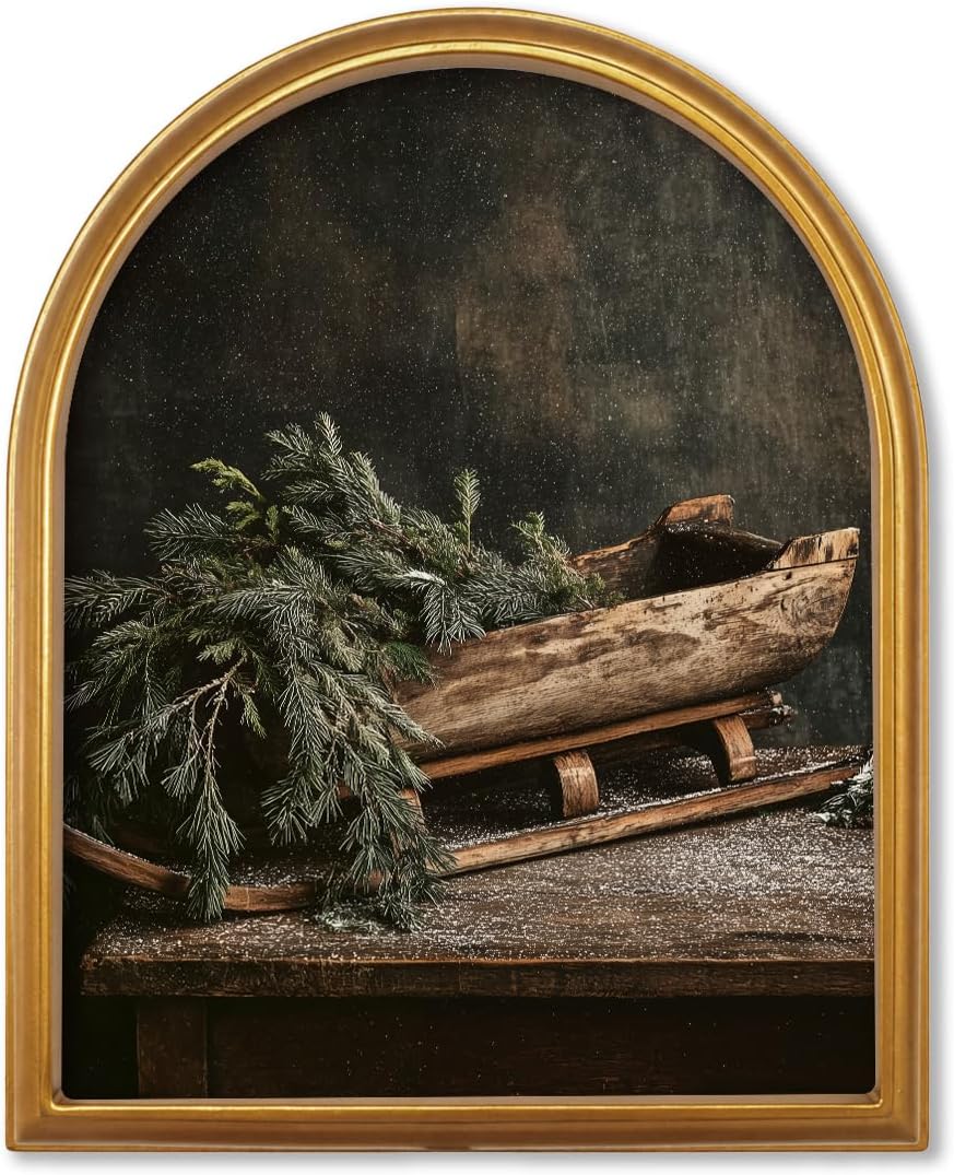 TwoDays Vintage Christmas Sled Pine 11" x 13.8" Gold Arched Framed Wall Art
