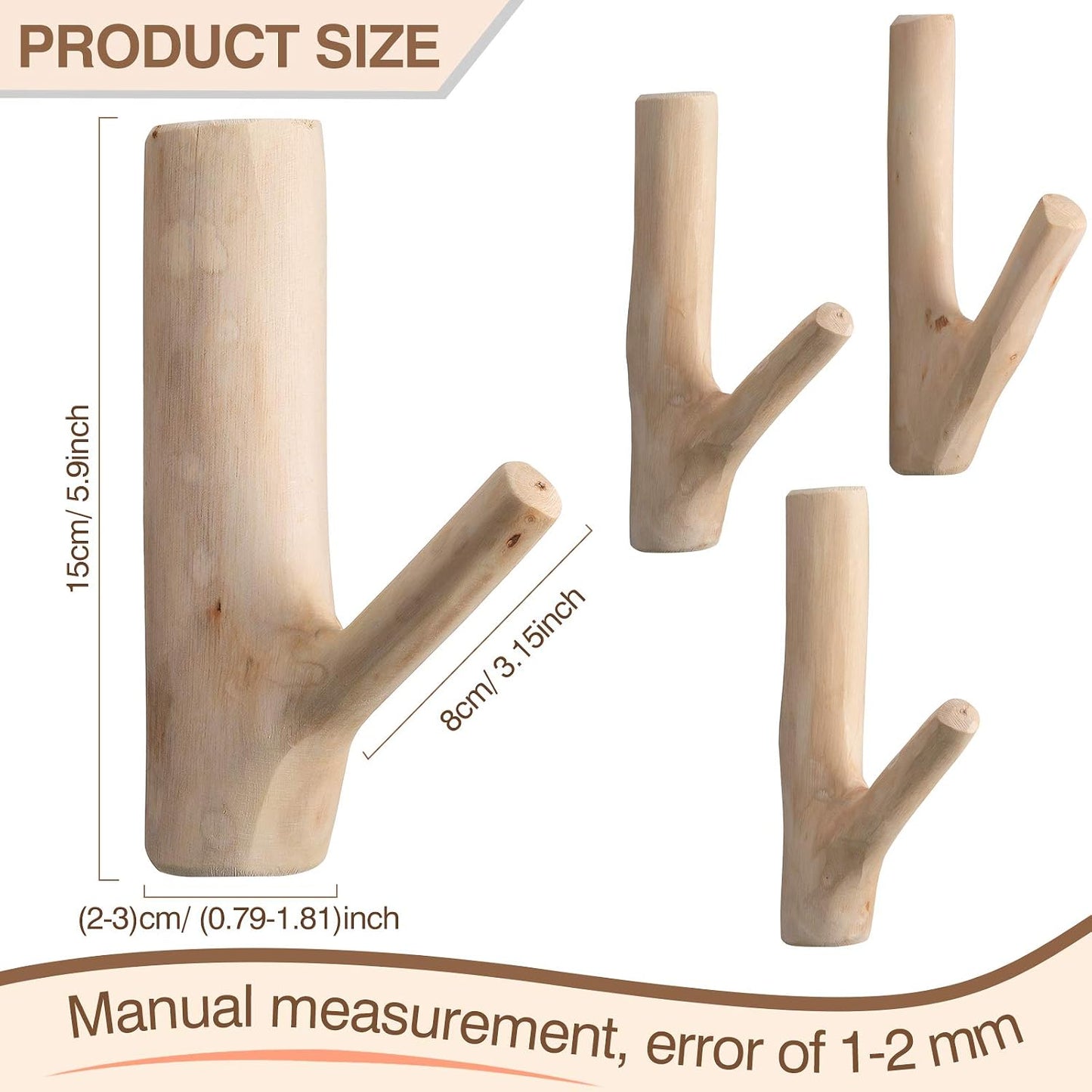 Tree Branch Wood Wall Hook Set Rustic Towel Hook Decorative Wood Adhesive Coat / White / Set of 4