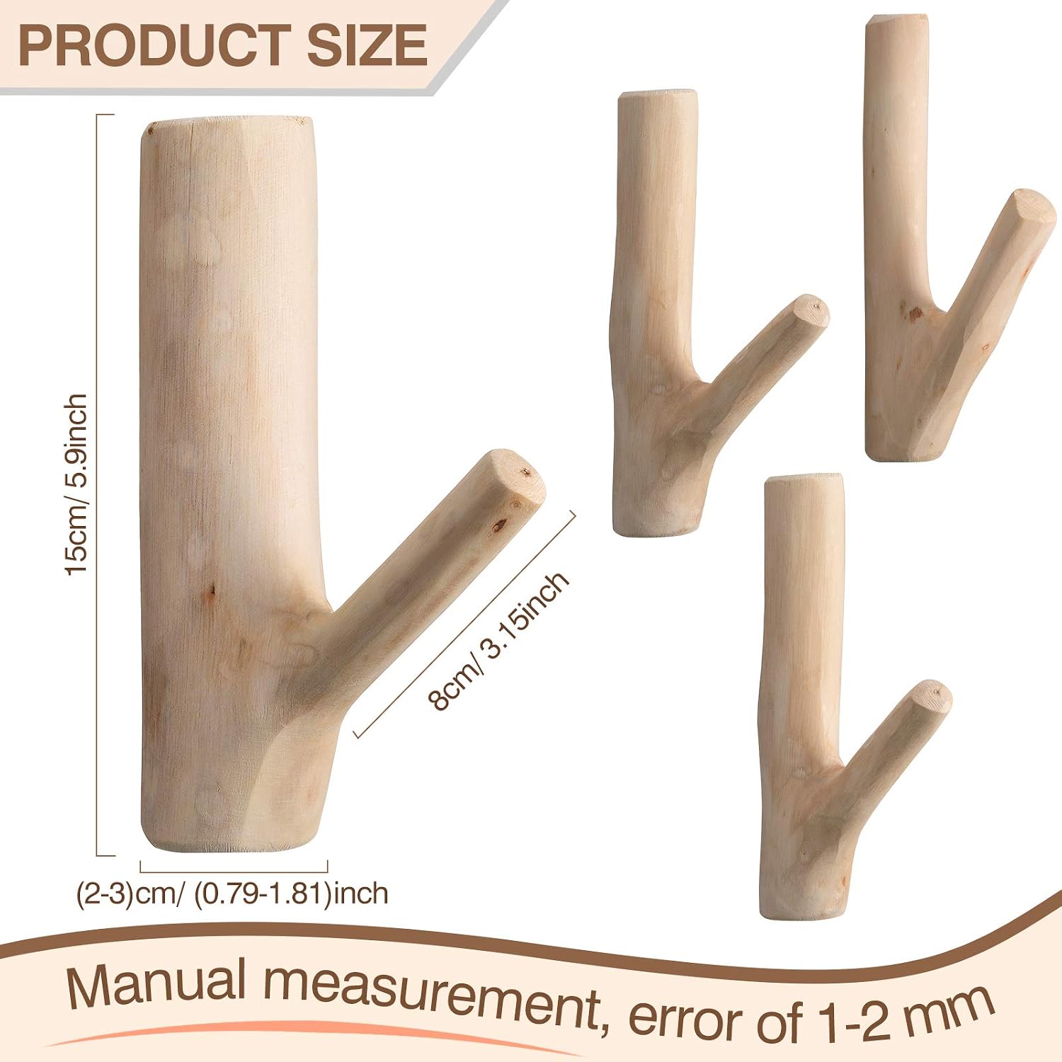 Tree Branch Wood Wall Hook Set Rustic Towel Hook Decorative Wood Adhesive Coat / White / Set of 4