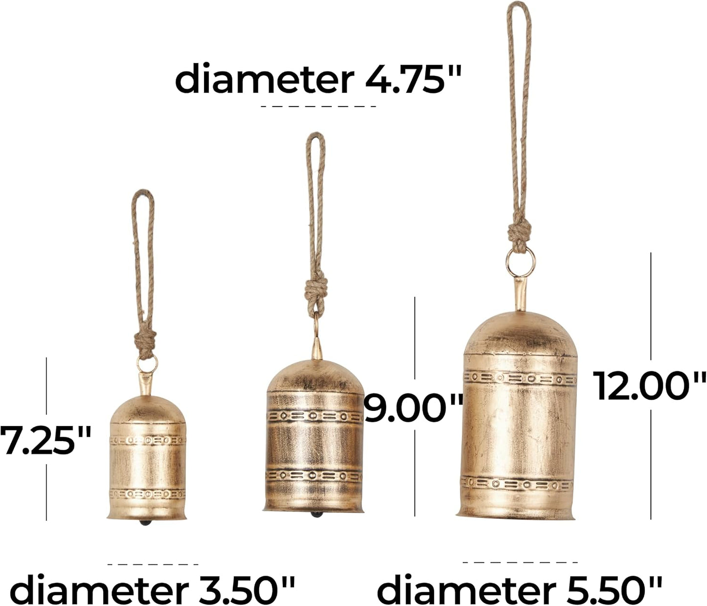 Deco 79 Metal Indoor Outdoor Decorative Cow Bells Tibetan Inspired Meditation Bell with Jute Hanging Rope, Set of 3 Cow
