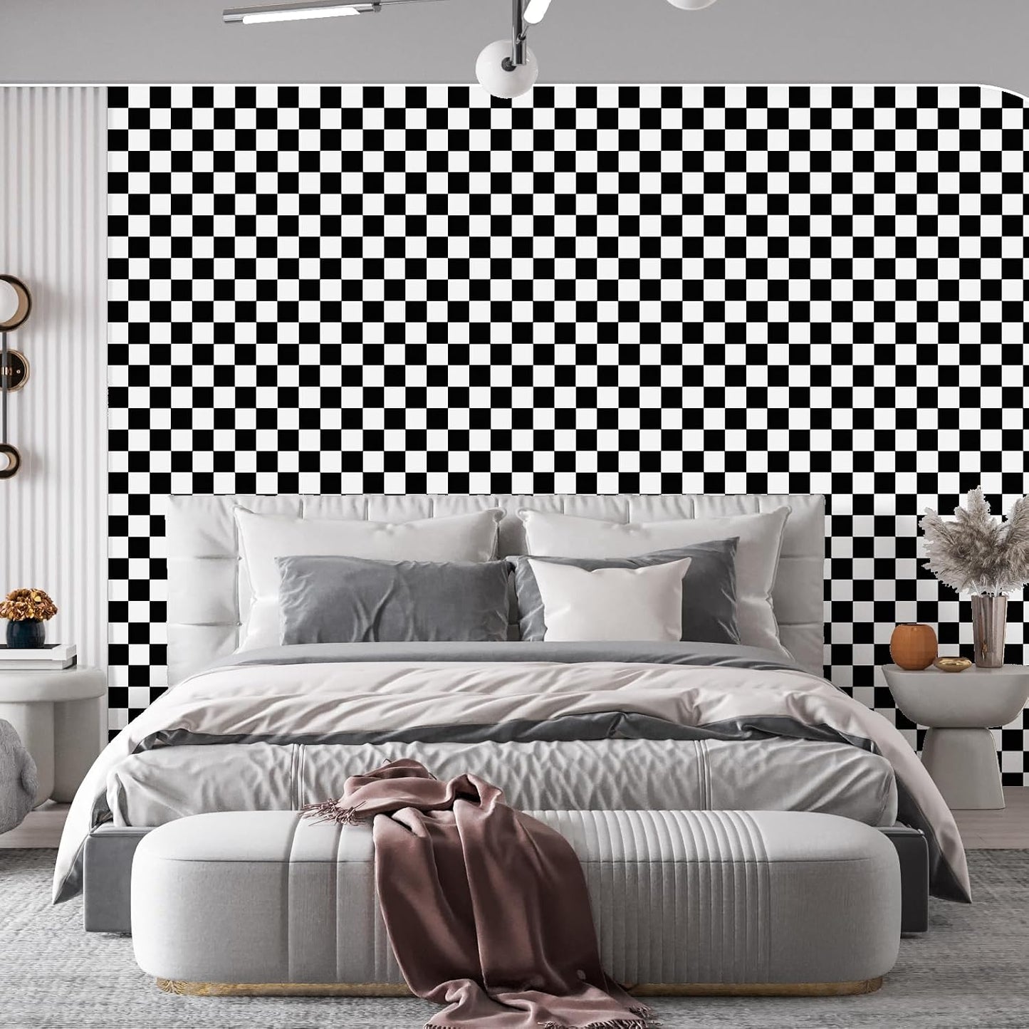 White Checkered Flag Contact Paper Checkerboard Peel / 17.3 x 480 / Checker / Black / Set of 17