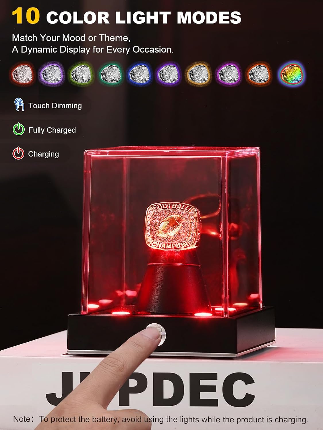 Cordless LED Championship Ring Display Case, Clear Acrylic Single Ring Holder with 10 Color Light up, Autograph Ring