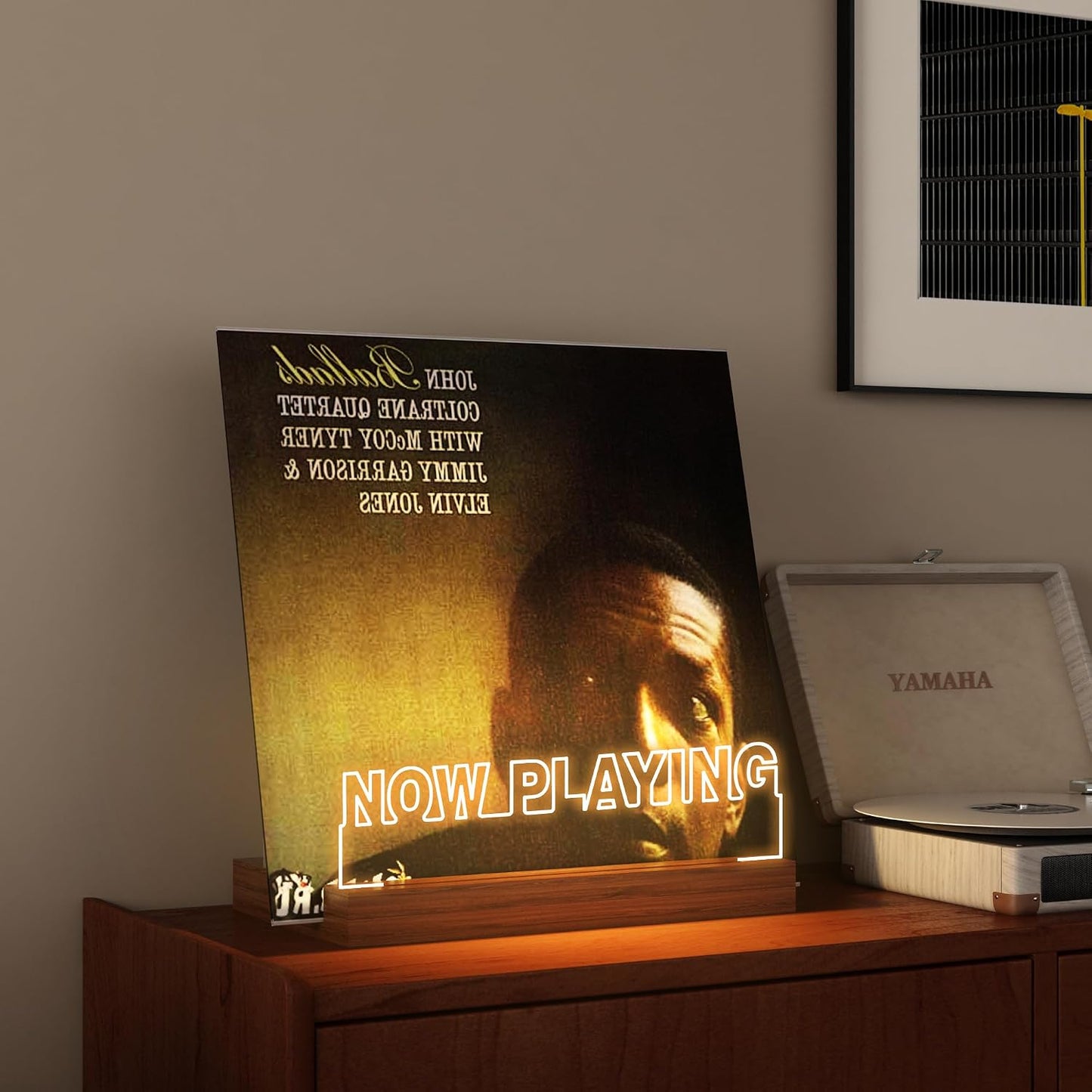 YuanDian Now Playing Vinyl Record Stand, Light up Display Holder for Vinyl Records, Wooden Acrylic Holder with Warm