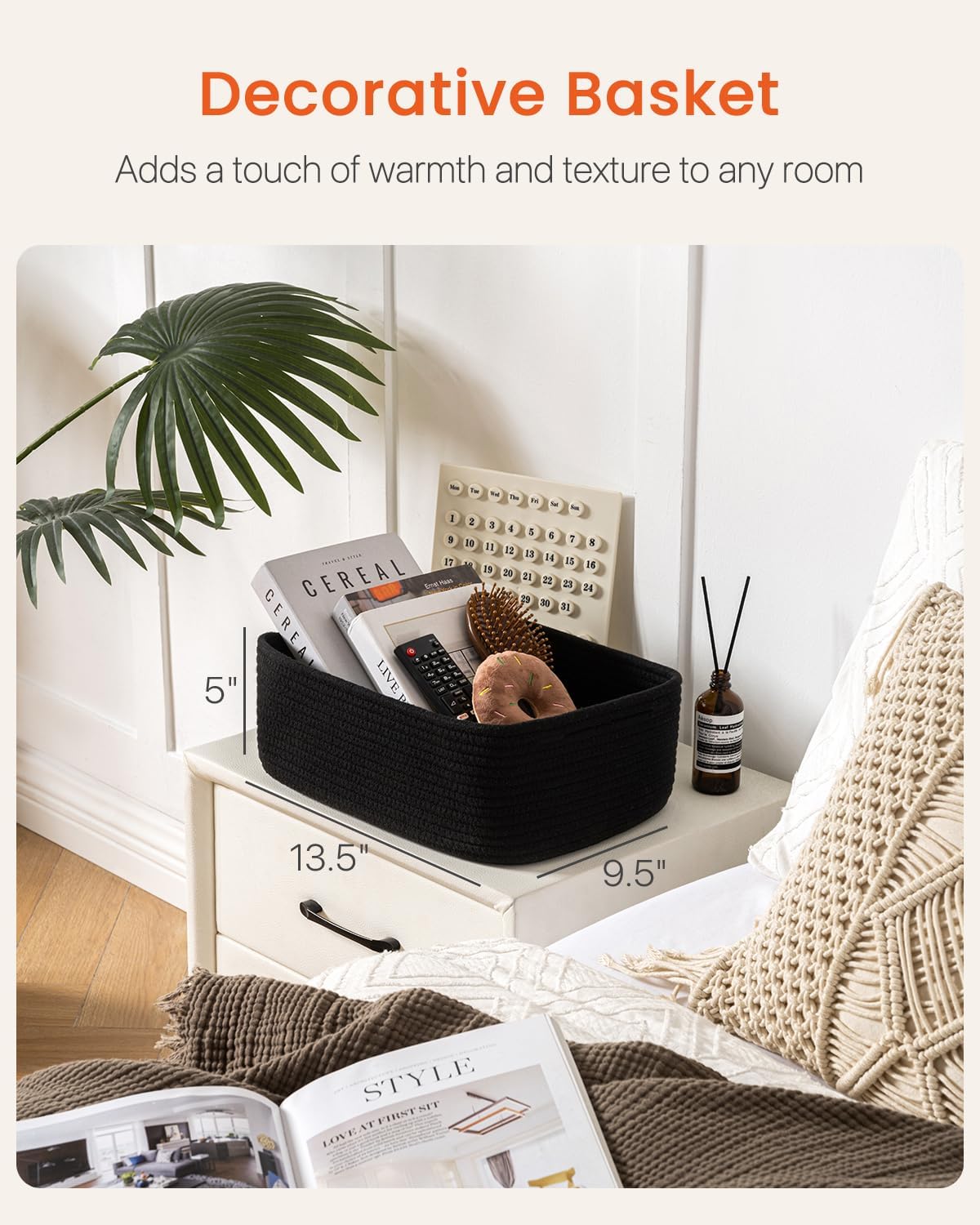 Small Woven Basket / Black / 13.5"L x 9.5"W x 5"H / 13.5 x 9.5 x 5