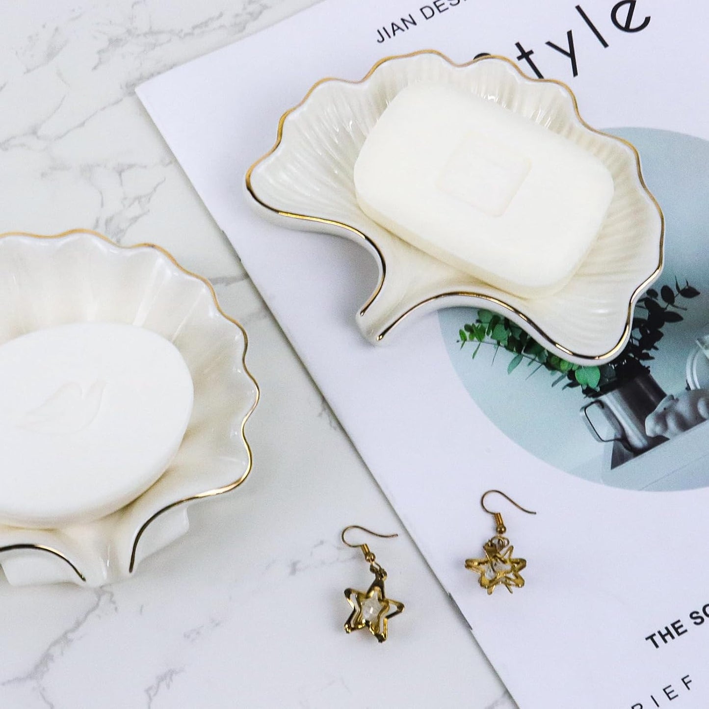 Ginkgo Leaf Style Ceramic Self Draining Soap Dish Waterfall Soap Dish Soap Savers