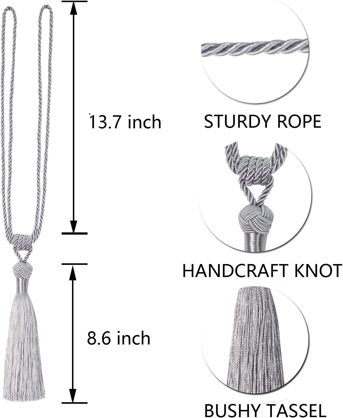 BEL AVENIR 4 Pack Curtain Tiebacks Hand-Woven Tassels Holdbacks | Silver, Elegant, Home Decorative Tassels Ties for